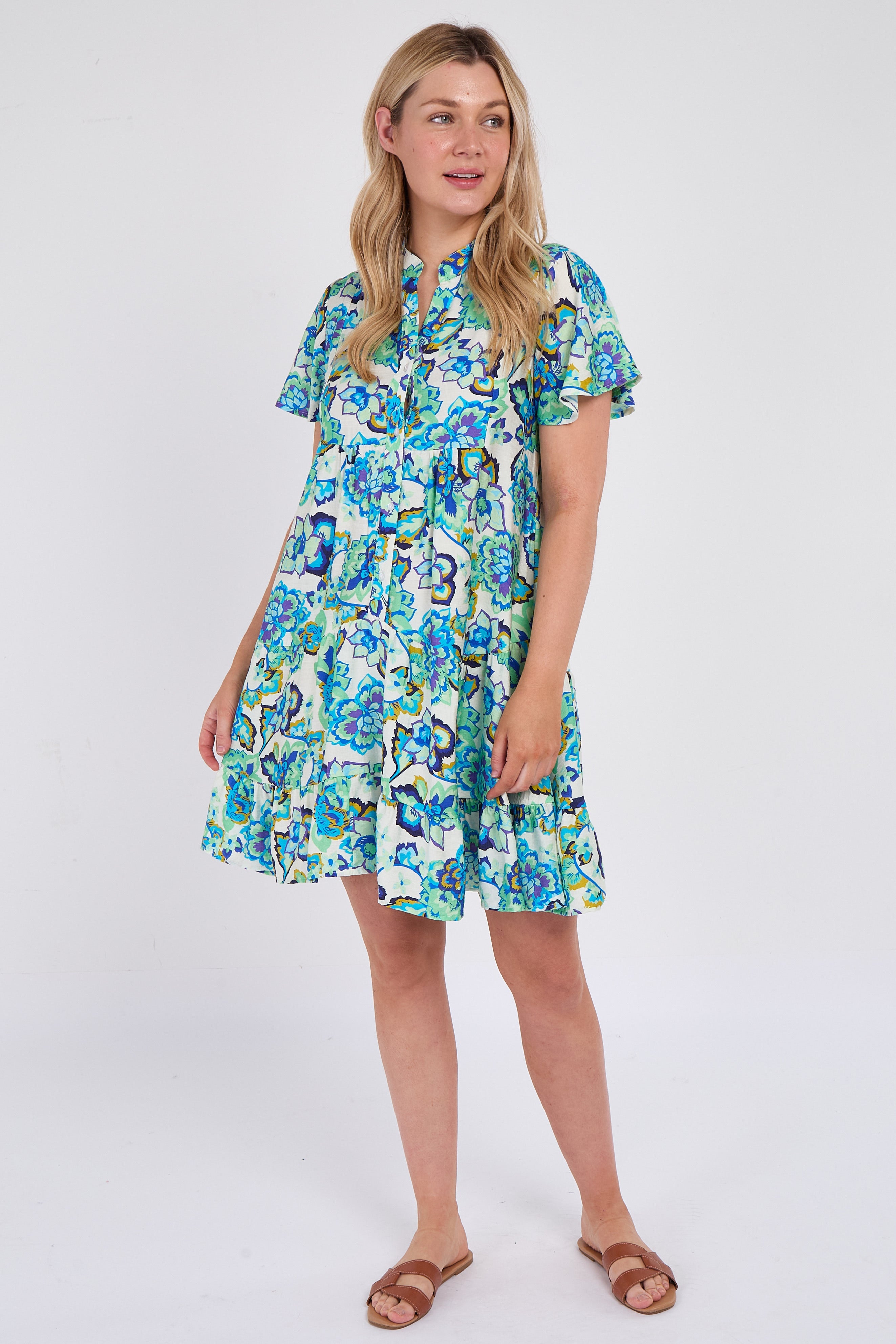 8Pcs Blue Bloom Ruffle Hem Mini Shirt Dress