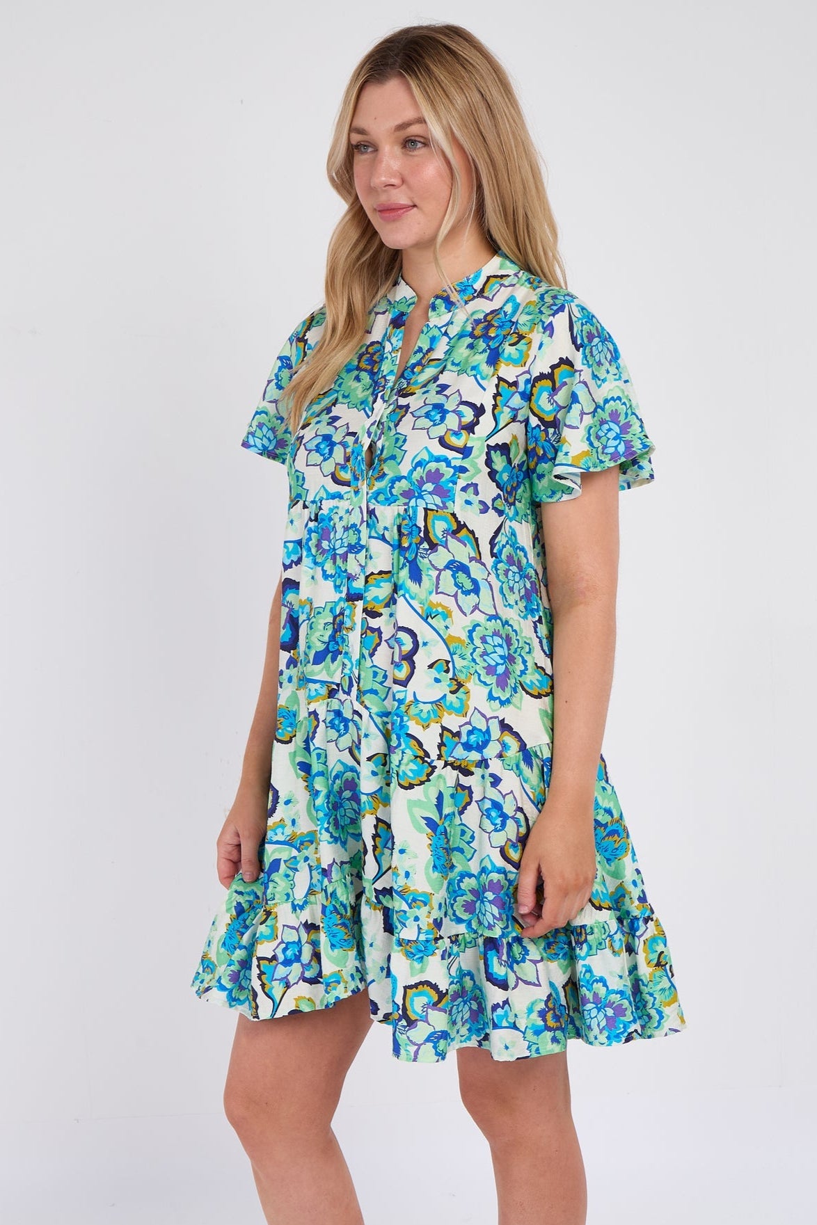 8Pcs Blue Bloom Ruffle Hem Mini Shirt Dress