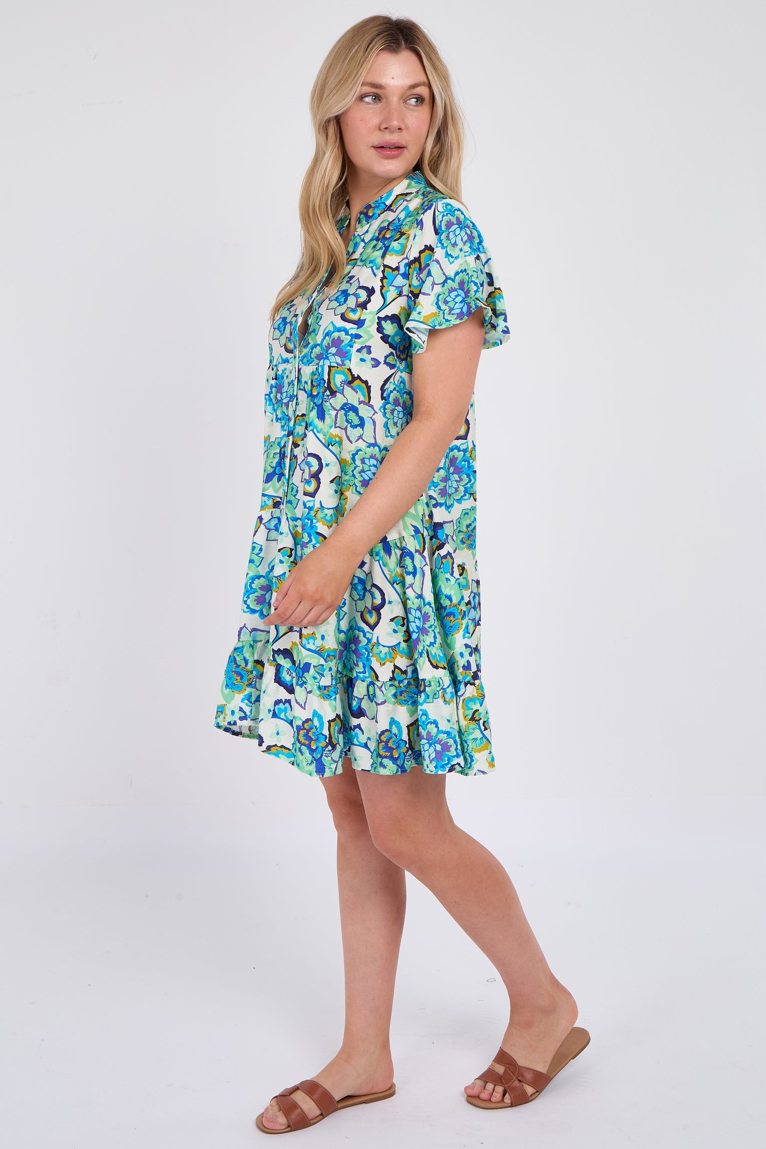 8Pcs Blue Bloom Ruffle Hem Mini Shirt Dress