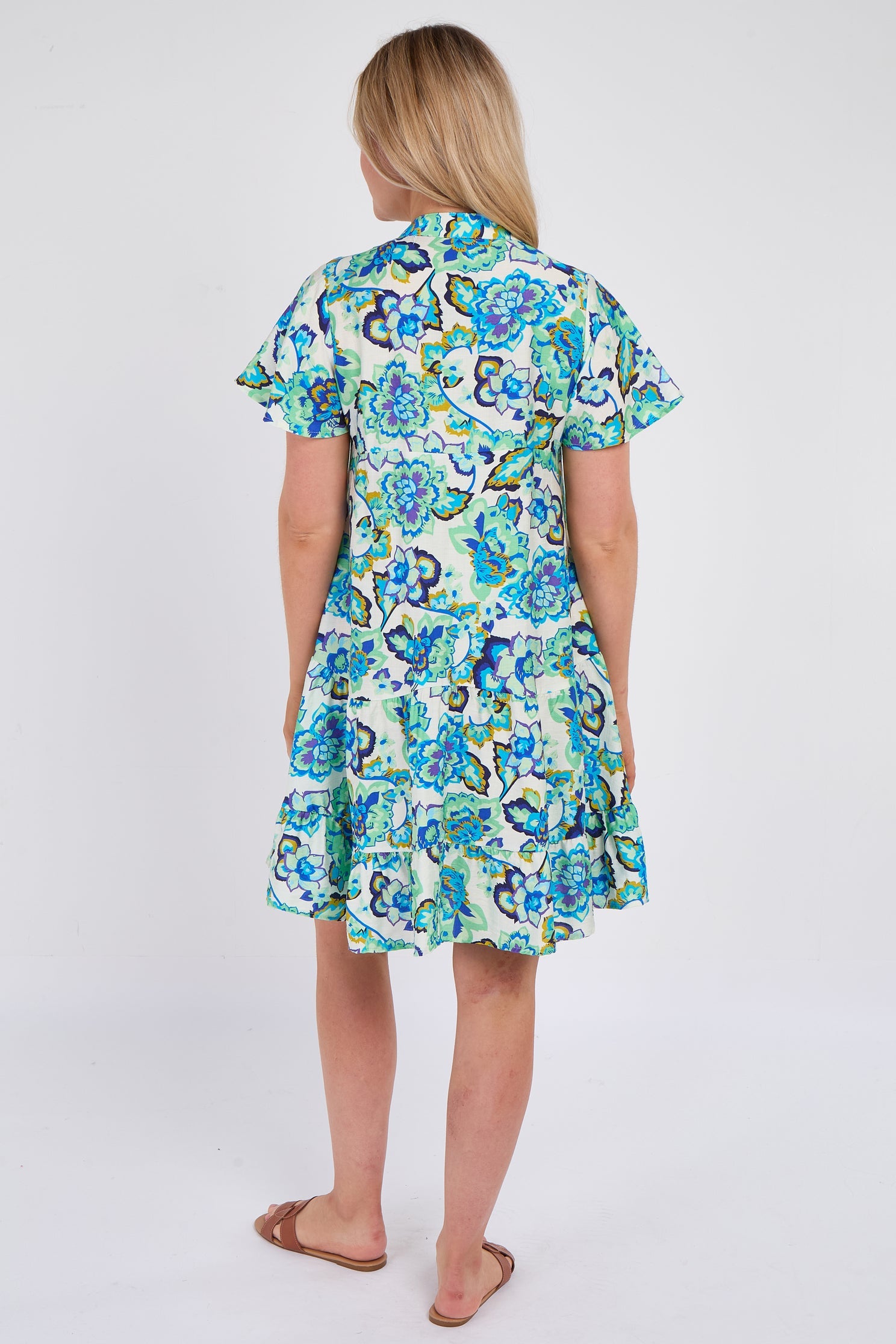 8Pcs Blue Bloom Ruffle Hem Mini Shirt Dress