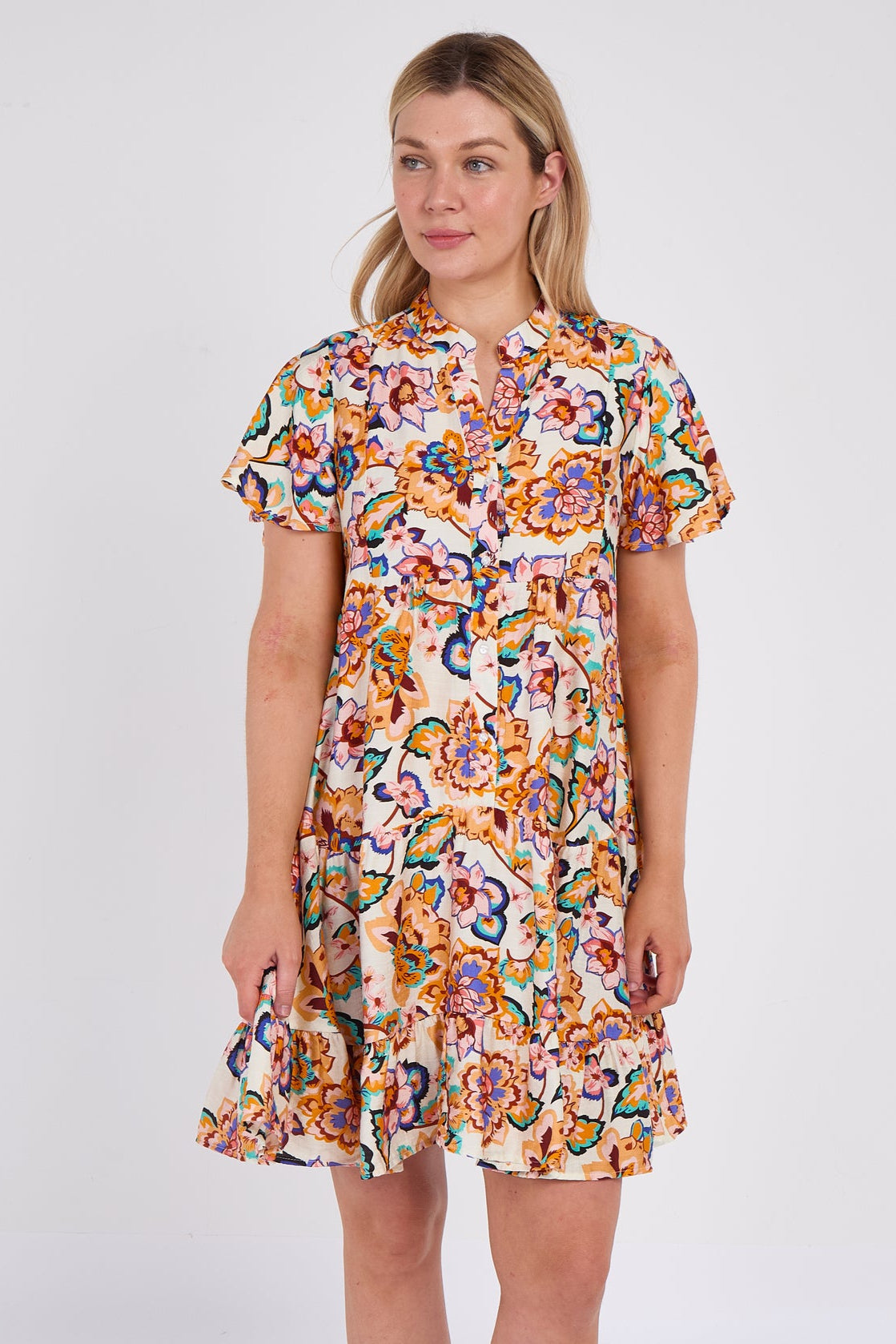 8Pcs White Bloom Print Ruffle Hem Mini Shirt Dress