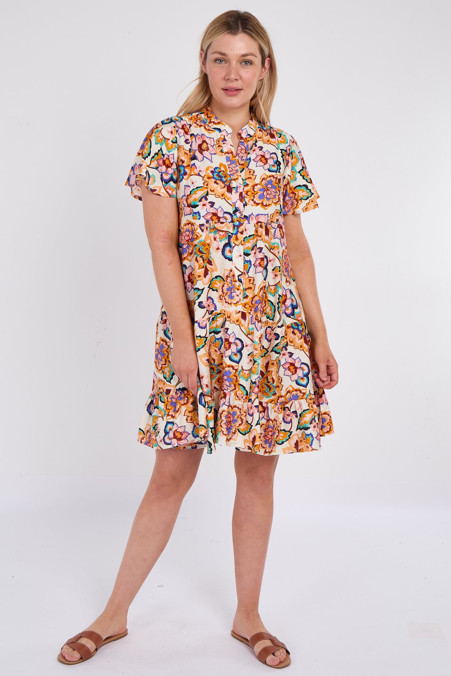 8Pcs White Bloom Print Ruffle Hem Mini Shirt Dress