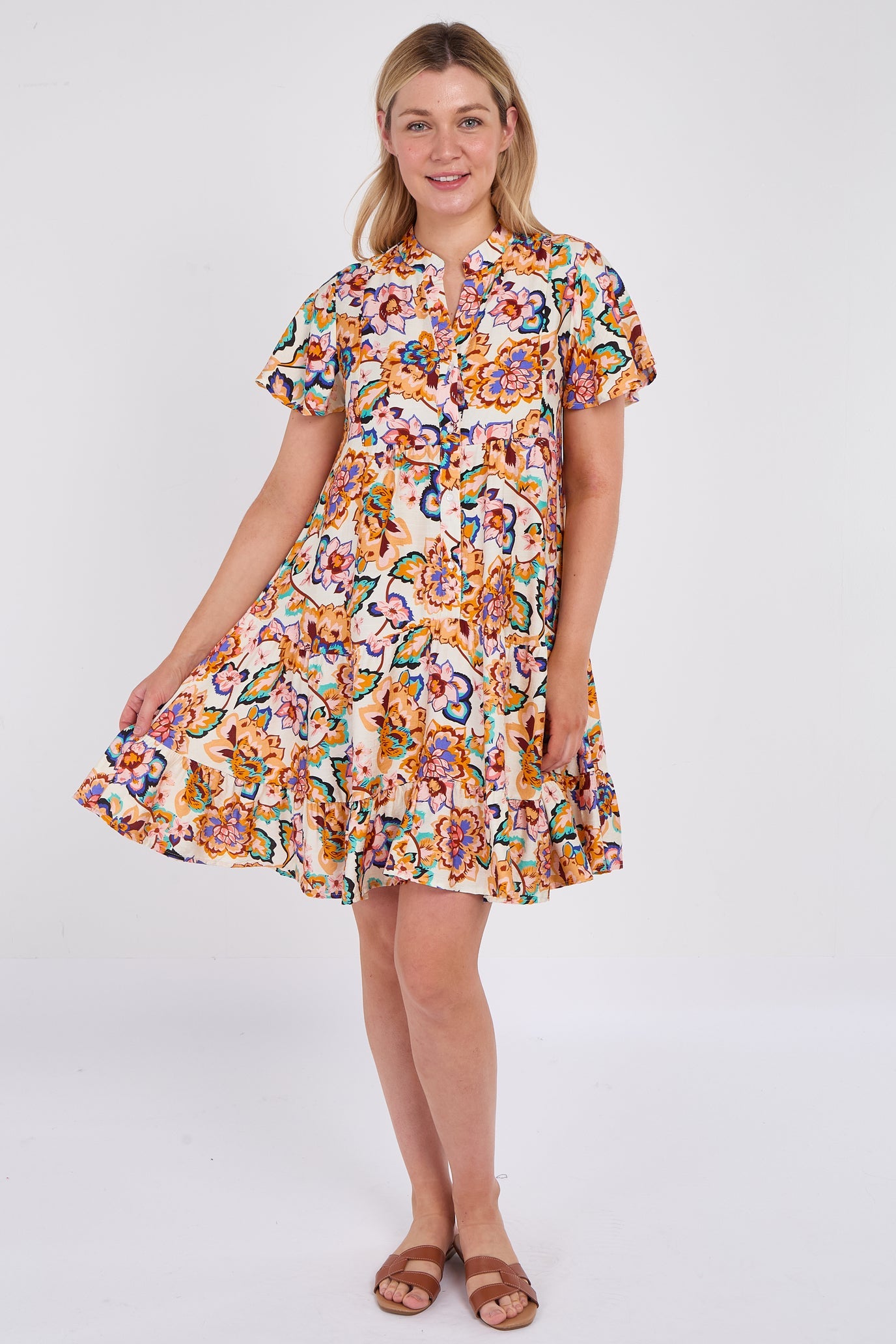 8Pcs White Bloom Print Ruffle Hem Mini Shirt Dress