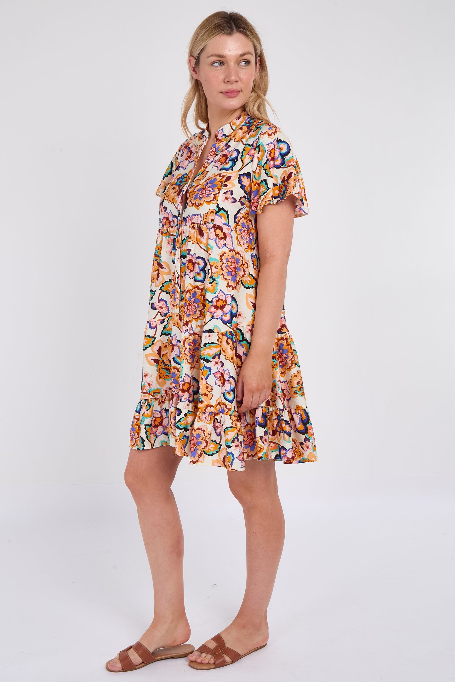 8Pcs White Bloom Print Ruffle Hem Mini Shirt Dress