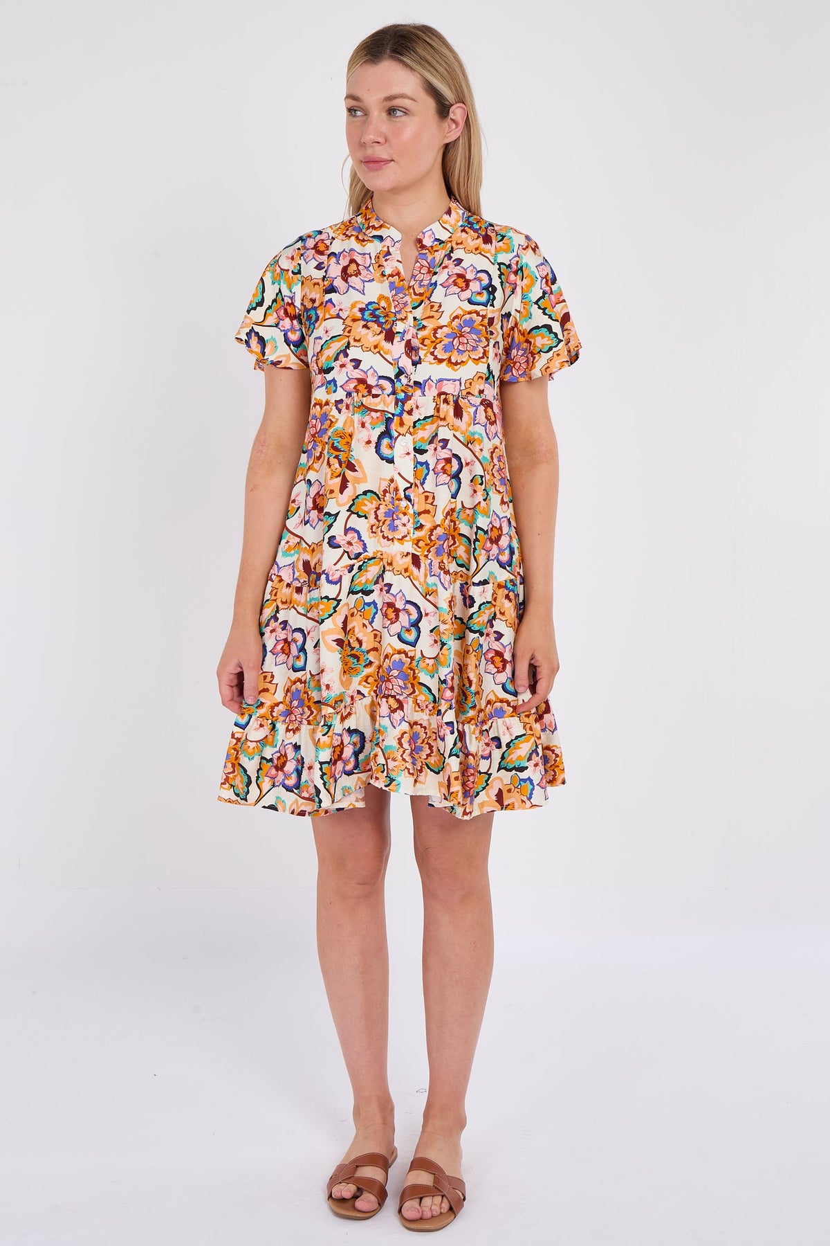 8Pcs White Bloom Print Ruffle Hem Mini Shirt Dress