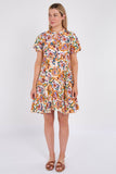8Pcs White Bloom Print Ruffle Hem Mini Shirt Dress