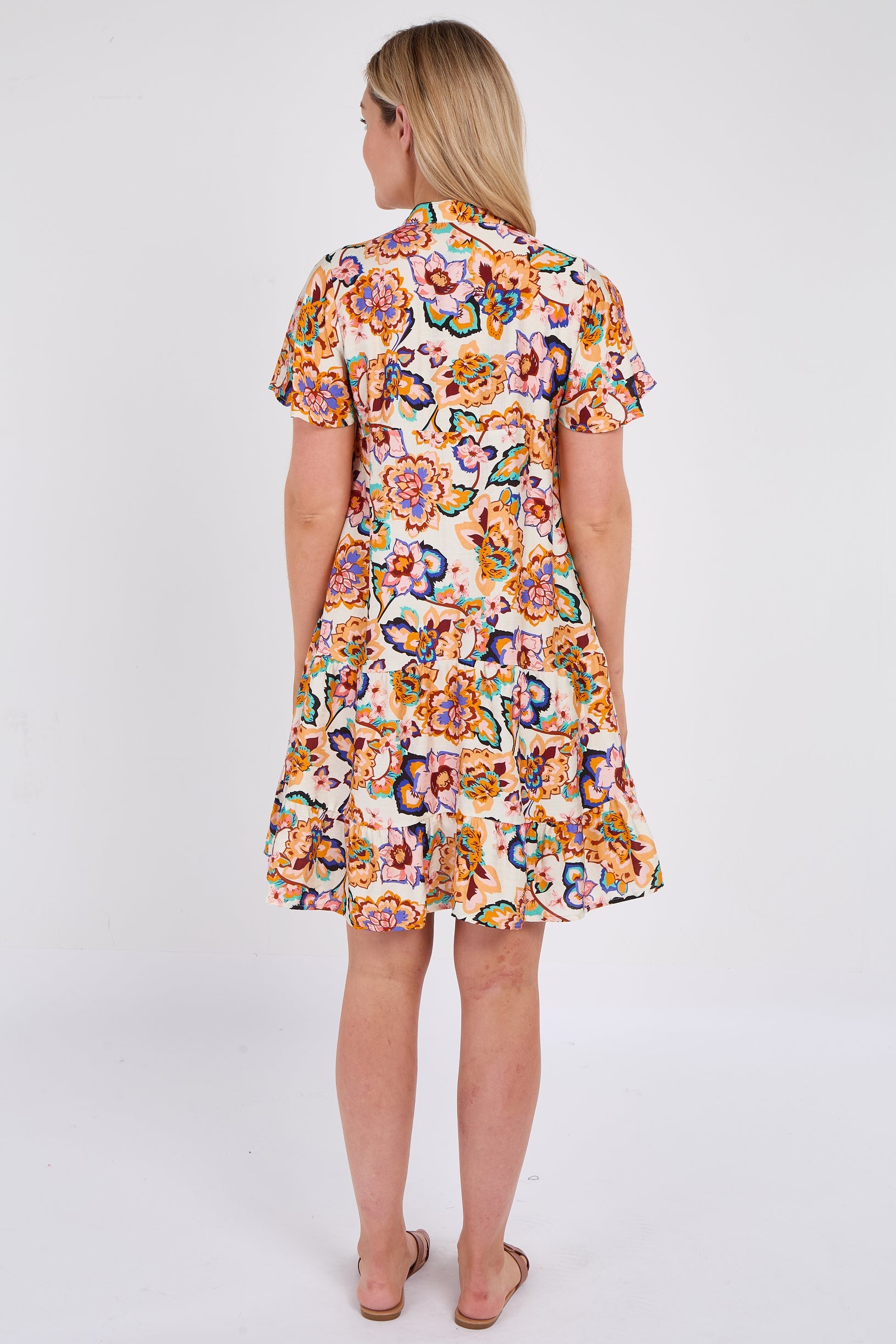 8Pcs White Bloom Print Ruffle Hem Mini Shirt Dress