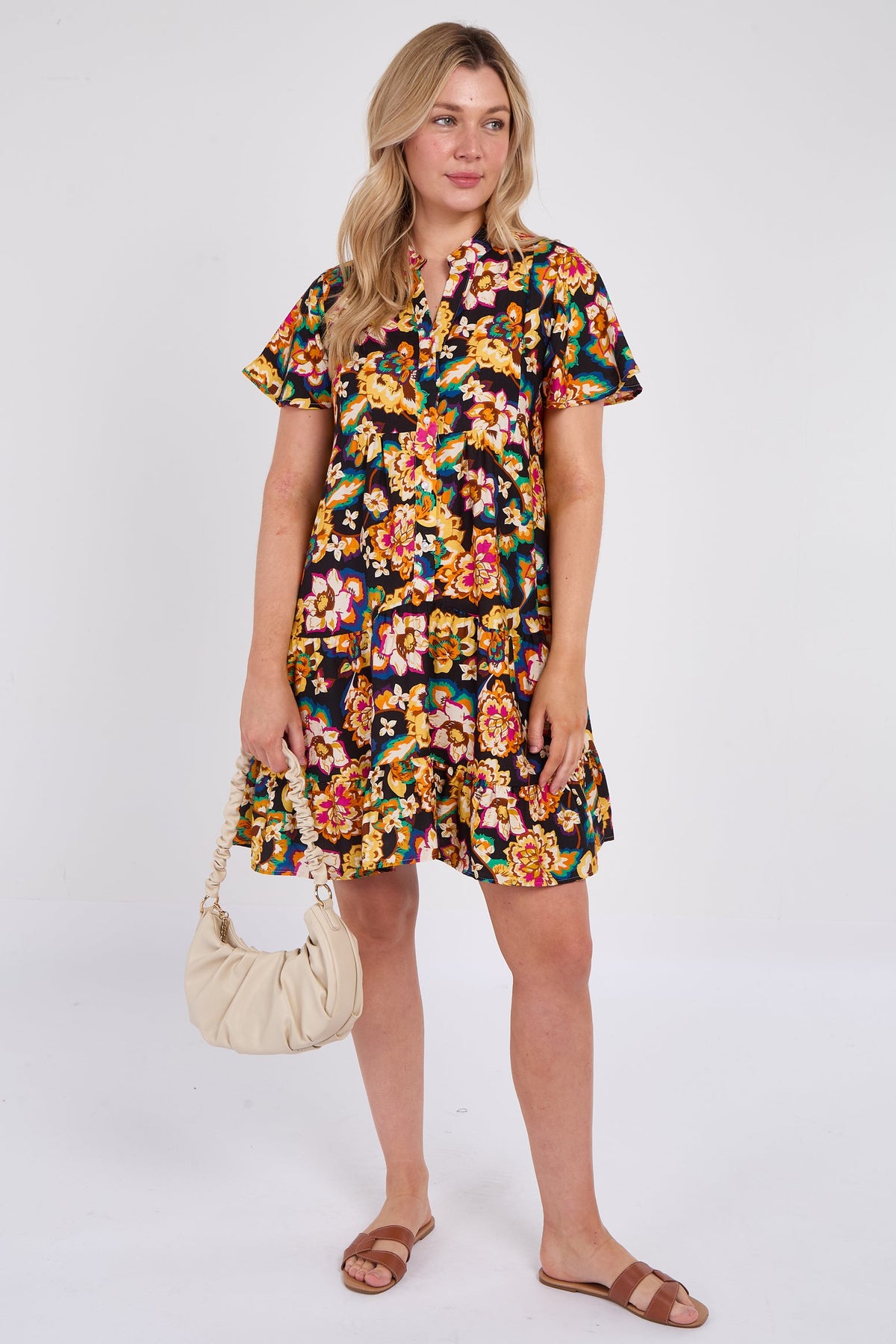 8Pcs Black Bloom Print Ruffle Hem Mini Shirt Dress