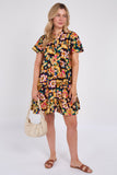 8Pcs Black Bloom Print Ruffle Hem Mini Shirt Dress