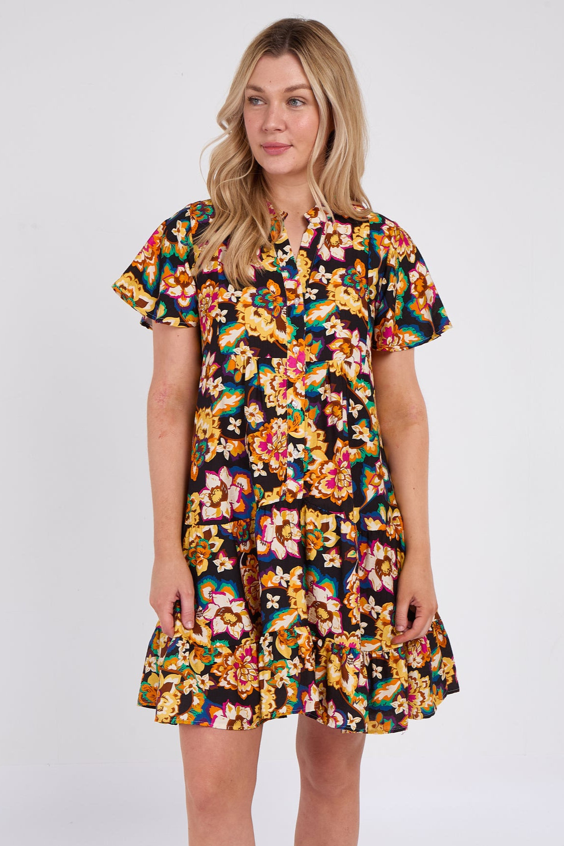 8Pcs Black Bloom Print Ruffle Hem Mini Shirt Dress