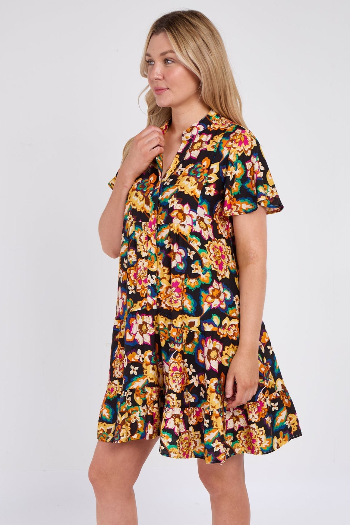 8Pcs Black Bloom Print Ruffle Hem Mini Shirt Dress
