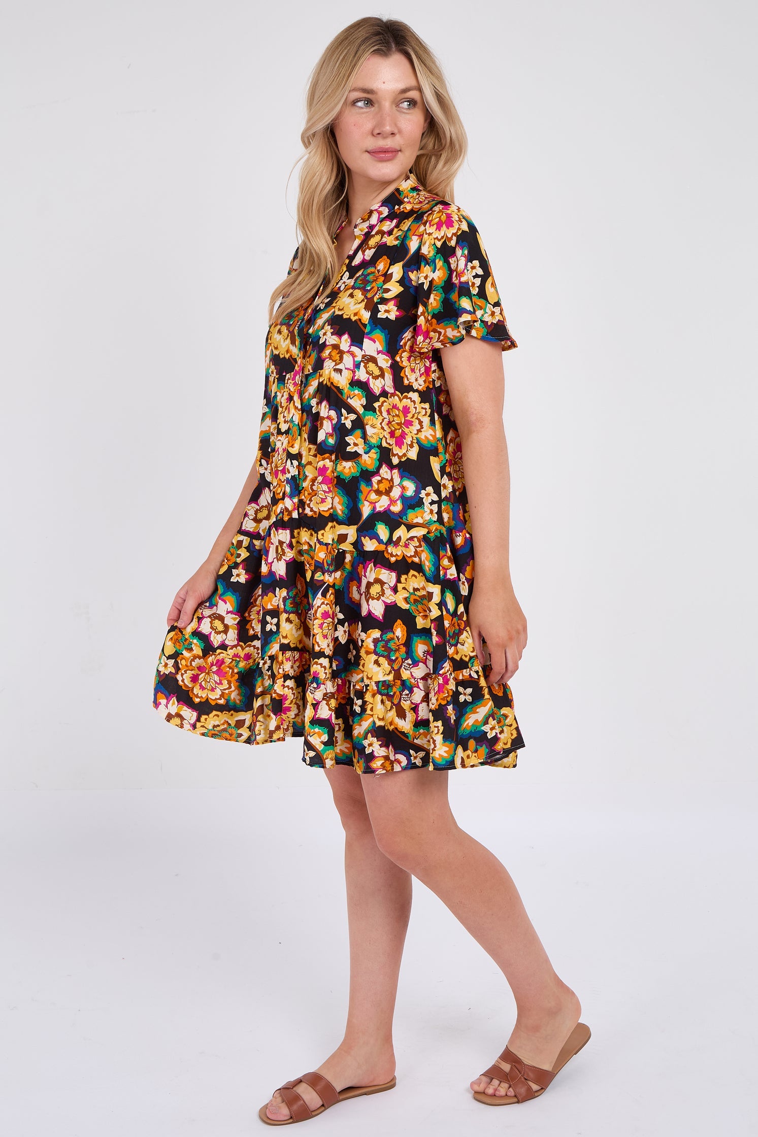8Pcs Black Bloom Print Ruffle Hem Mini Shirt Dress
