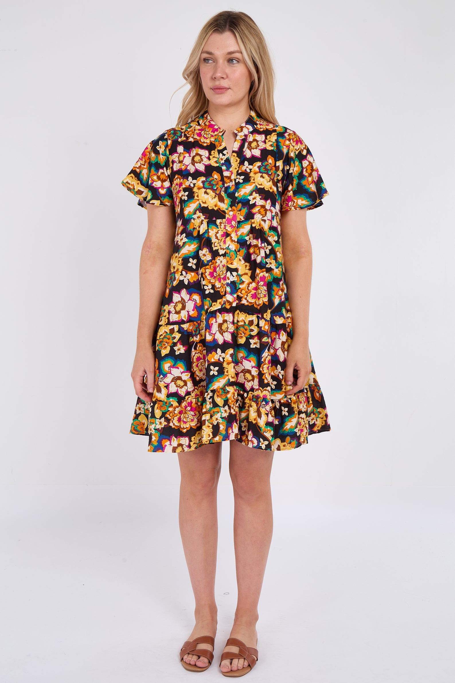 8Pcs Black Bloom Print Ruffle Hem Mini Shirt Dress