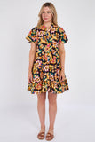 8Pcs Black Bloom Print Ruffle Hem Mini Shirt Dress