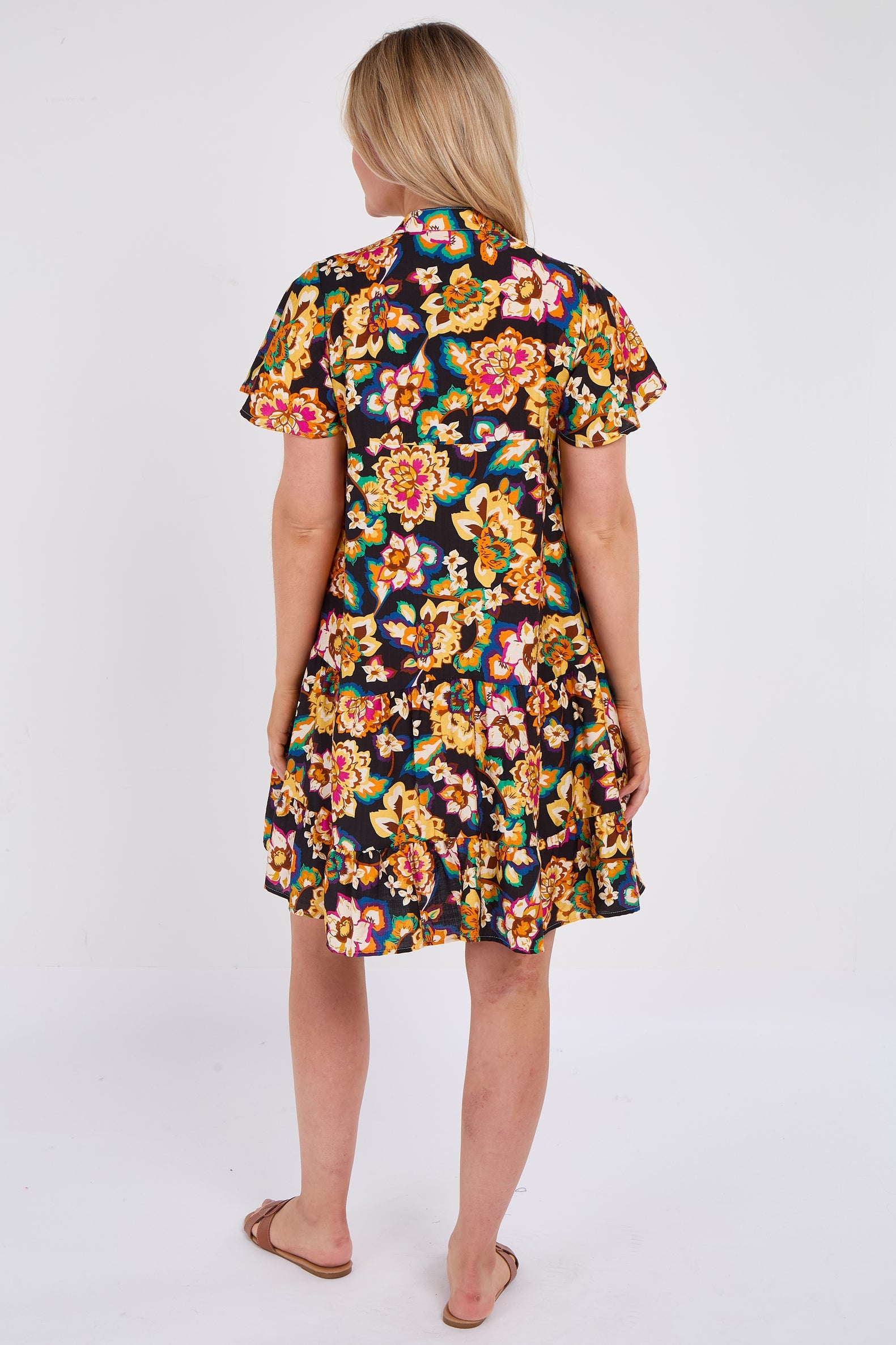 8Pcs Black Bloom Print Ruffle Hem Mini Shirt Dress