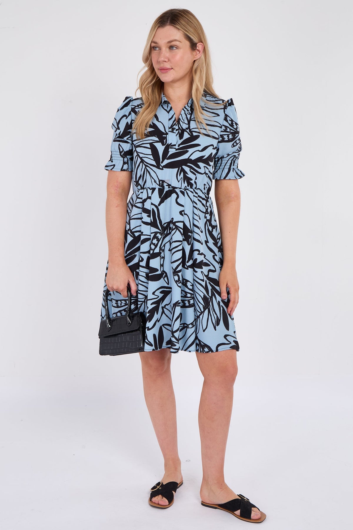 8Pcs Powder Blue Leaf Print Mini Dress