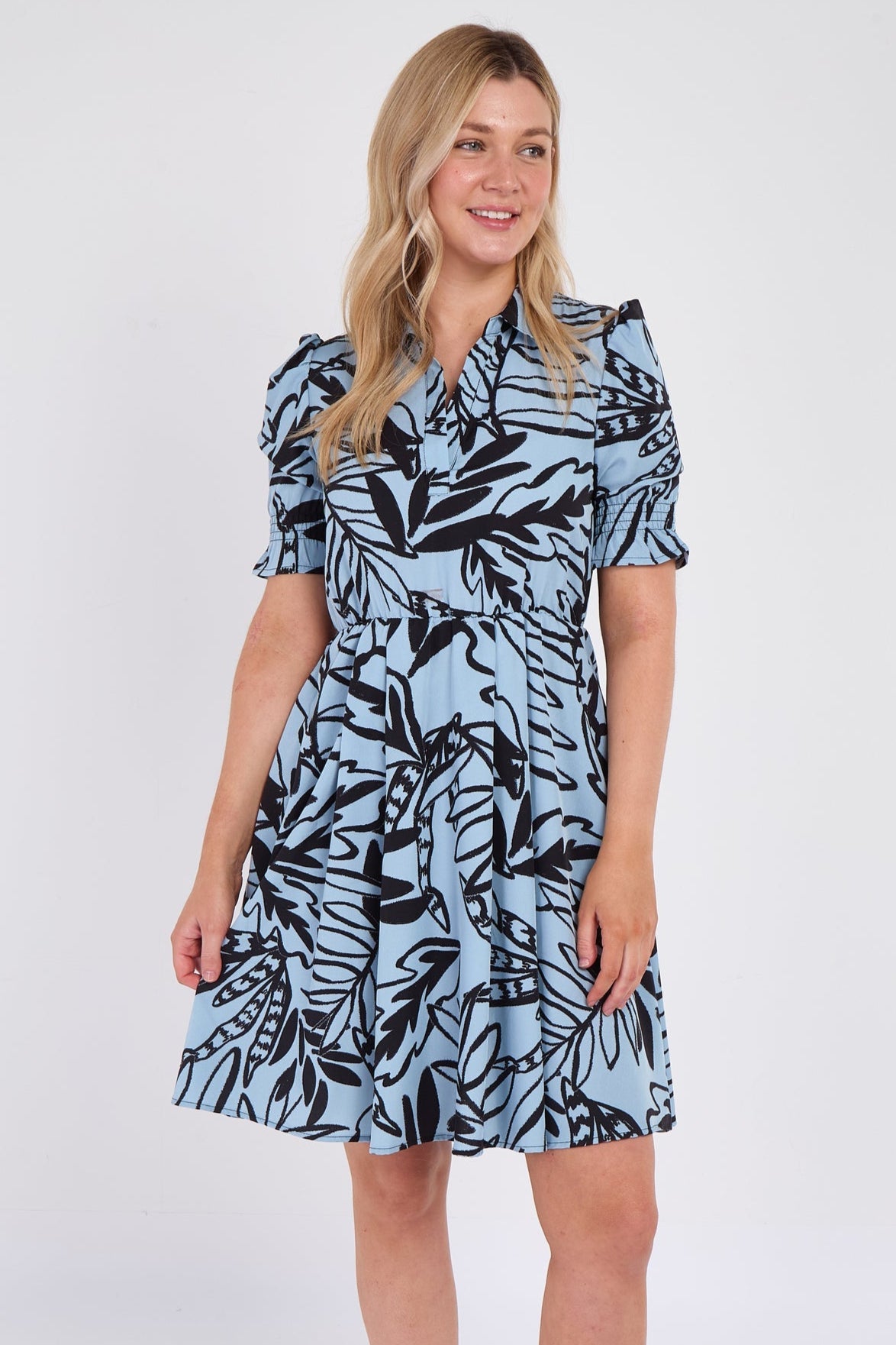 8Pcs Powder Blue Leaf Print Mini Dress