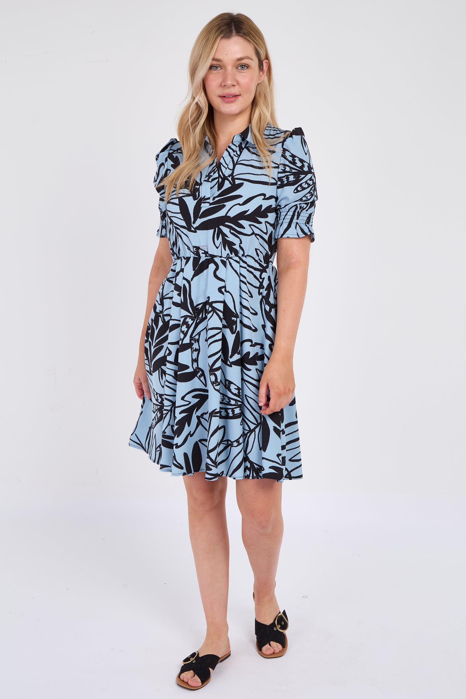 8Pcs Powder Blue Leaf Print Mini Dress