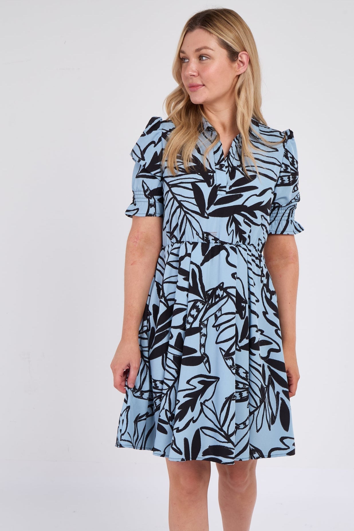 8Pcs Powder Blue Leaf Print Mini Dress