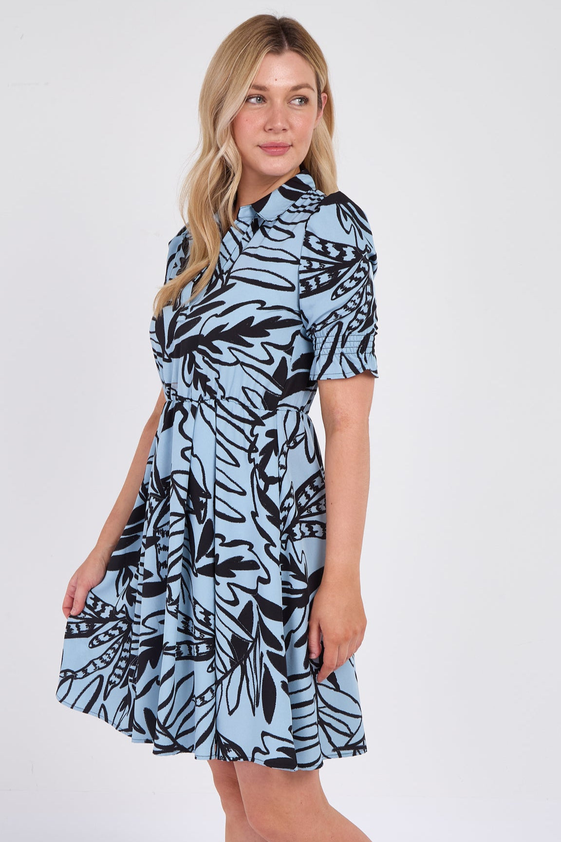 8Pcs Powder Blue Leaf Print Mini Dress