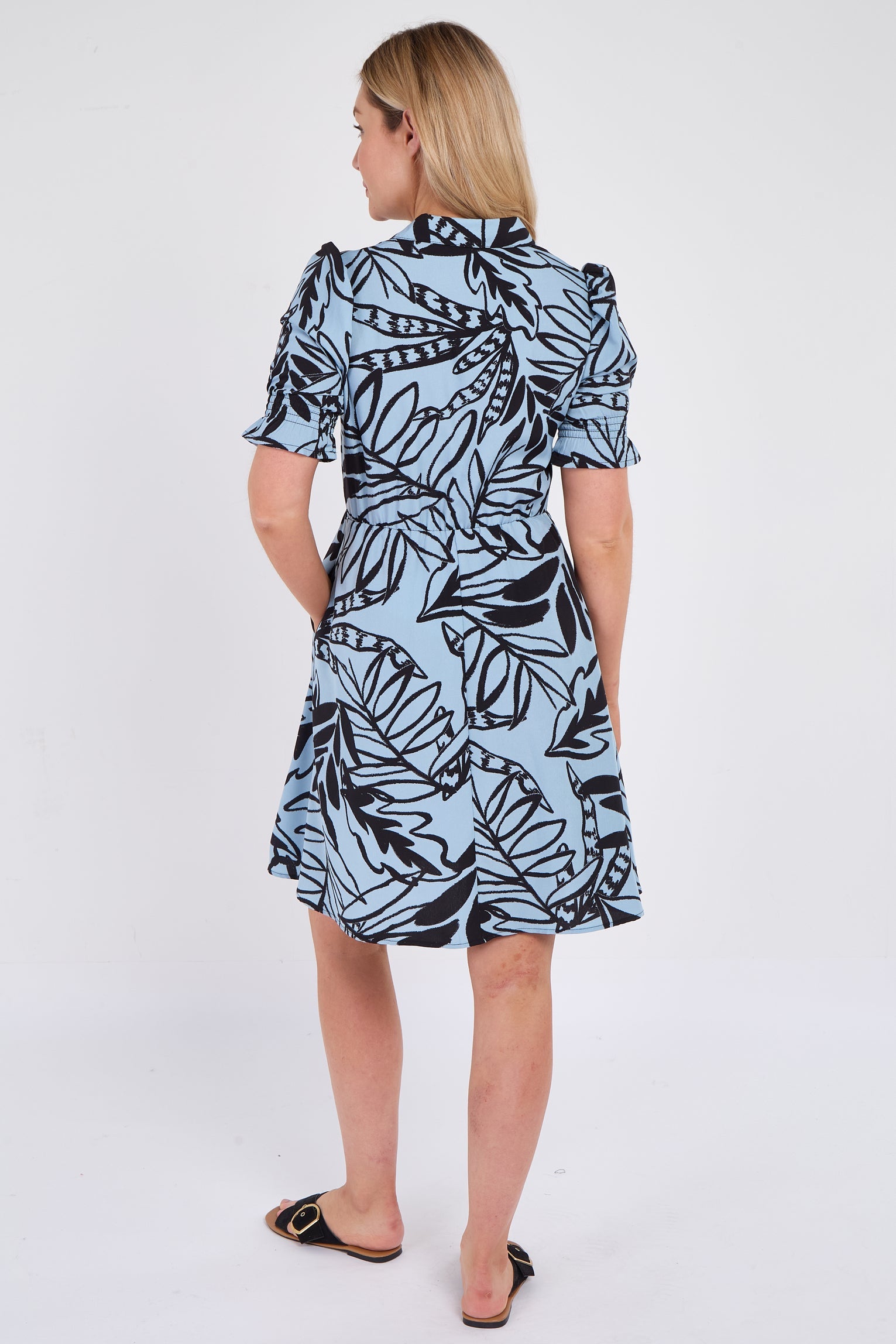 8Pcs Powder Blue Leaf Print Mini Dress