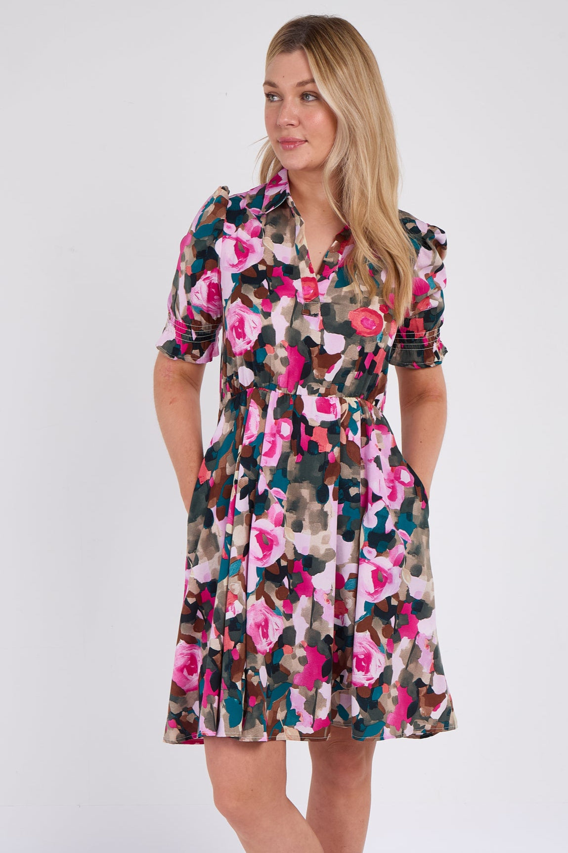 8Pcs Pink Roses Print Mini Dress