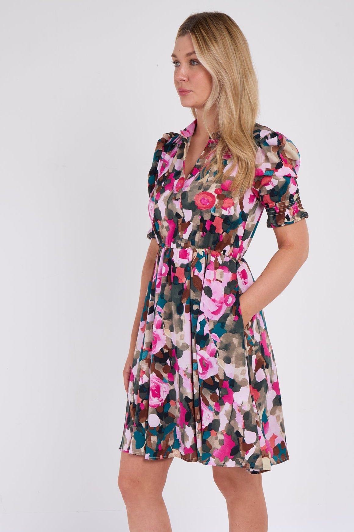 8Pcs Pink Roses Print Mini Dress