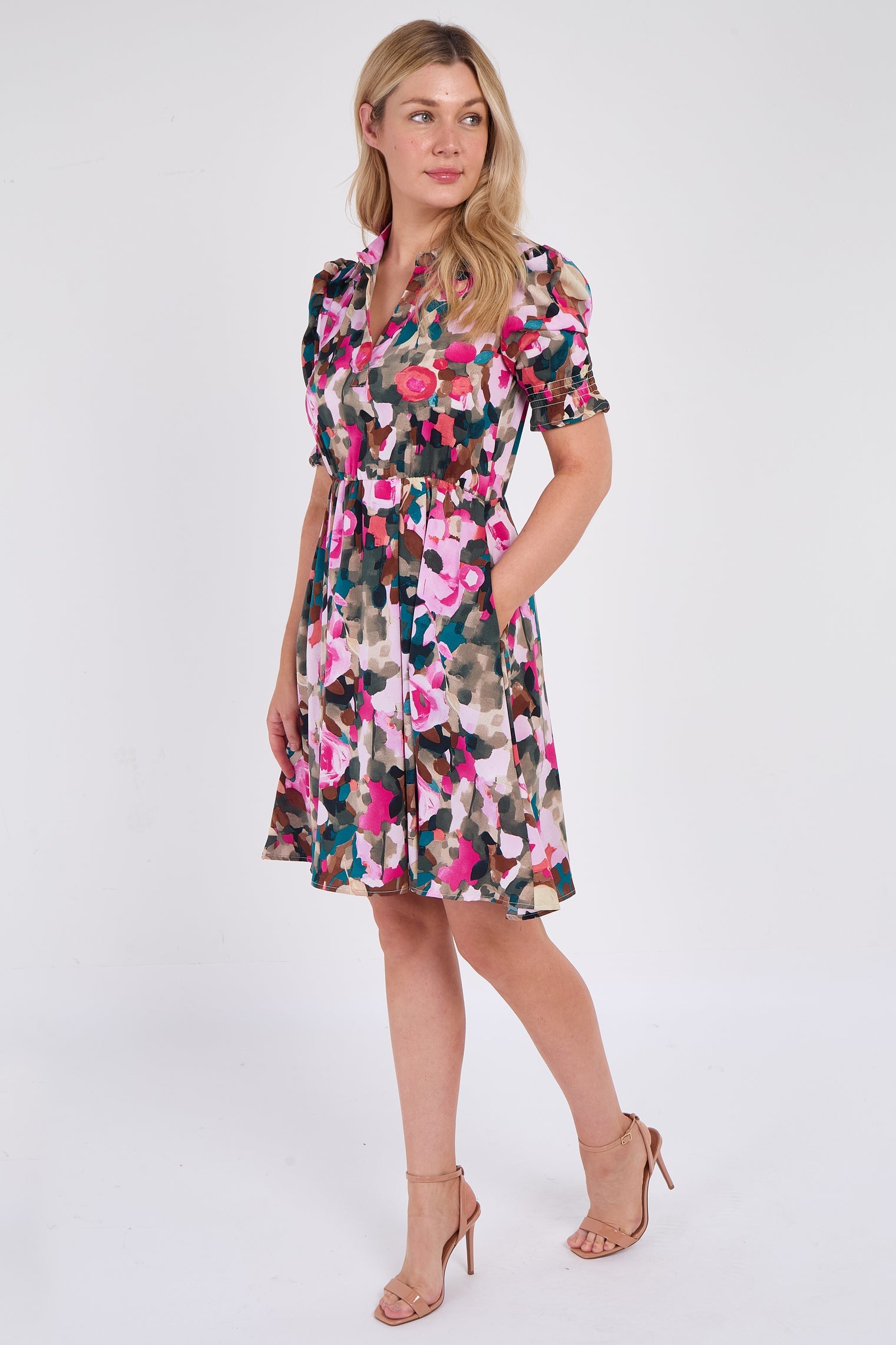 8Pcs Pink Roses Print Mini Dress