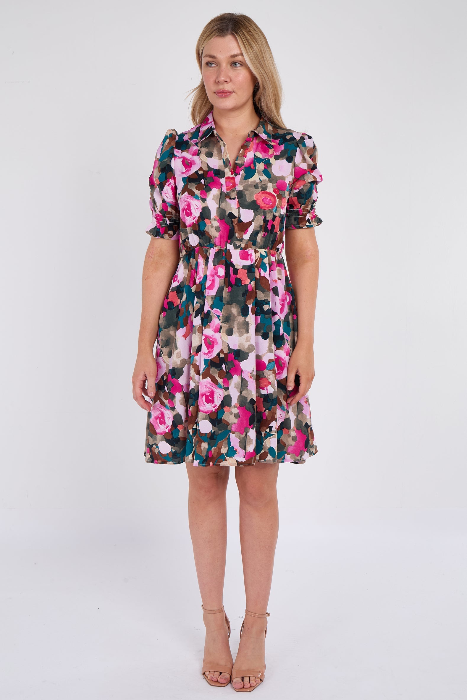 8Pcs Pink Roses Print Mini Dress
