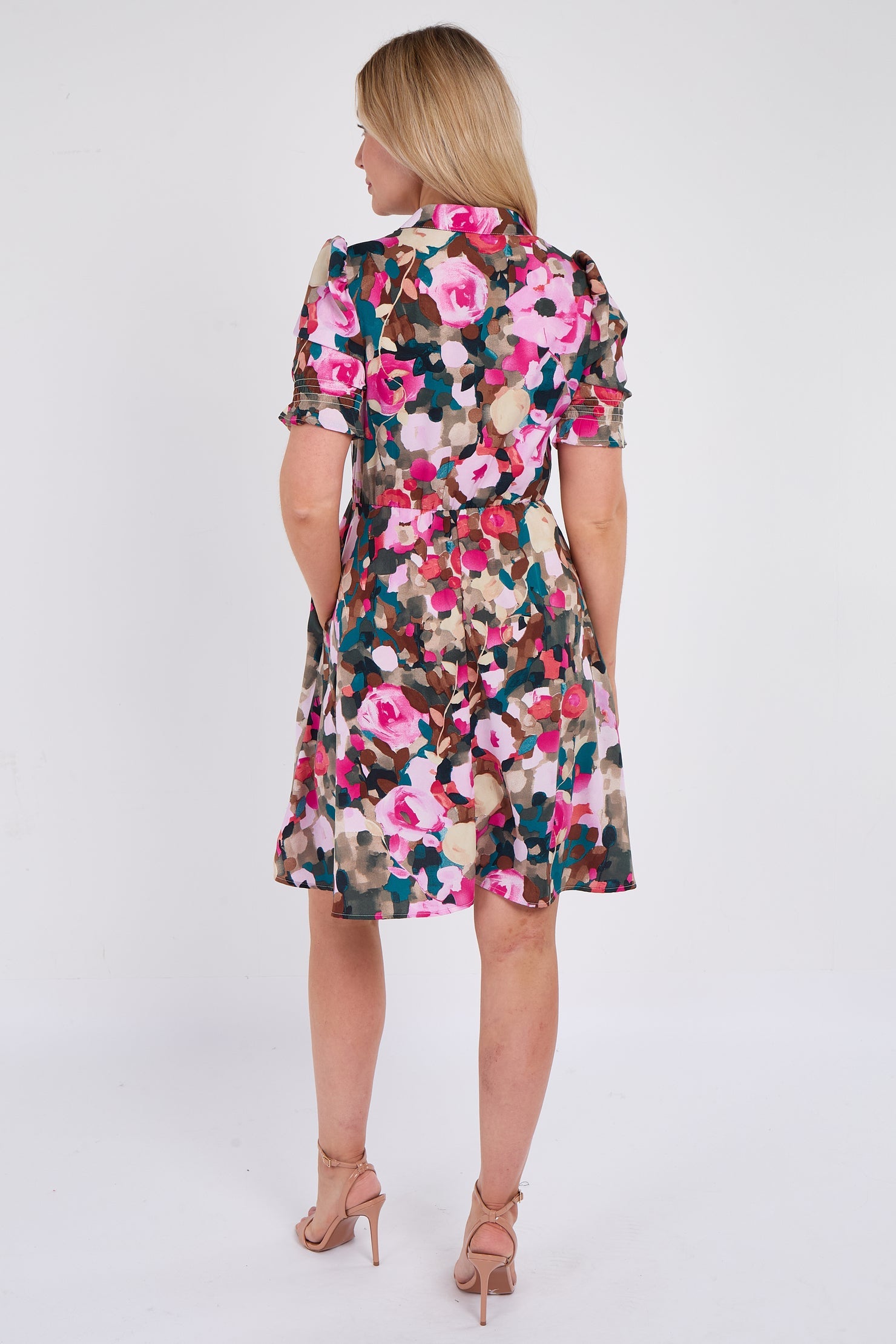 8Pcs Pink Roses Print Mini Dress