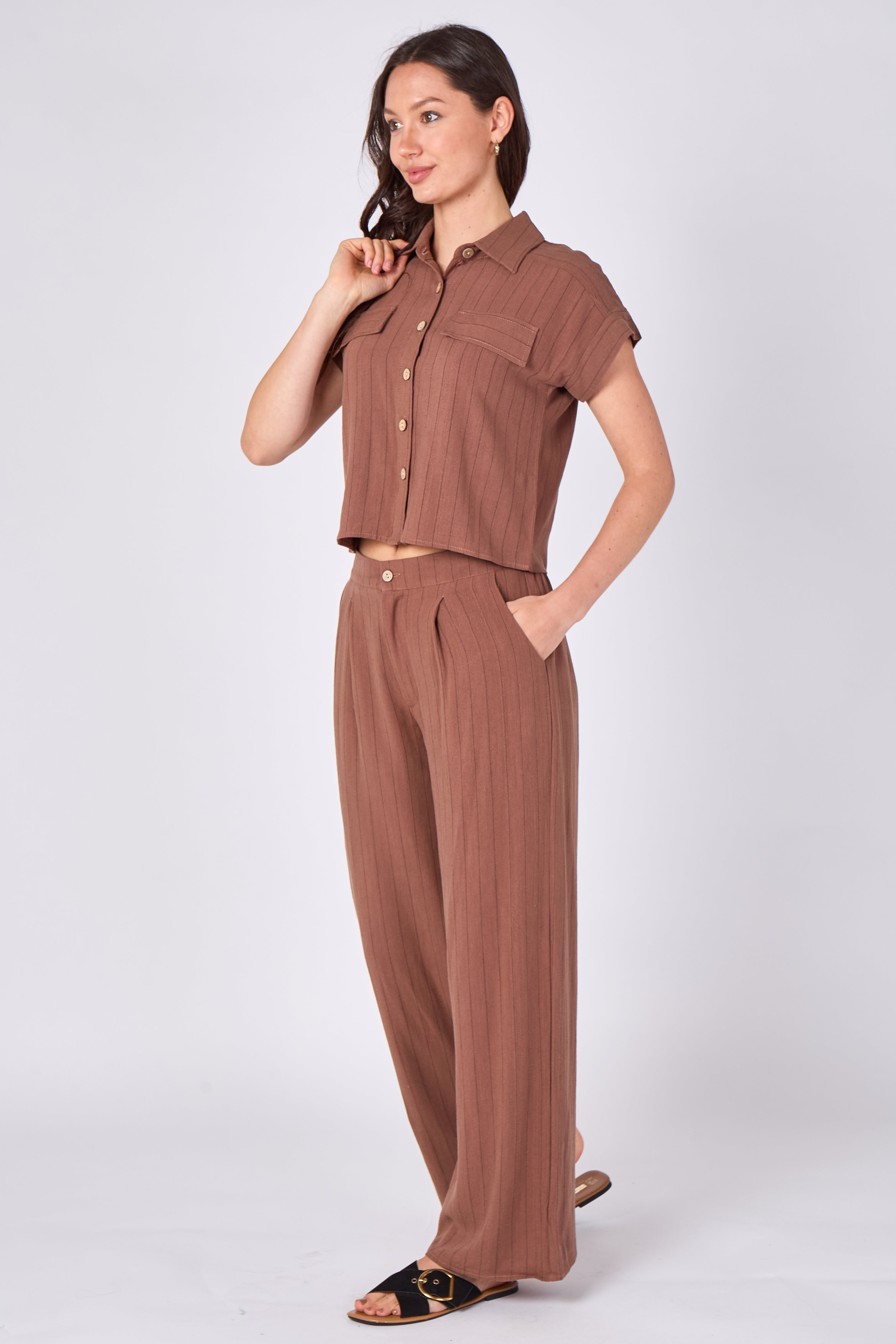 8Pcs Brown Pinstripe Shirt and Trousers set