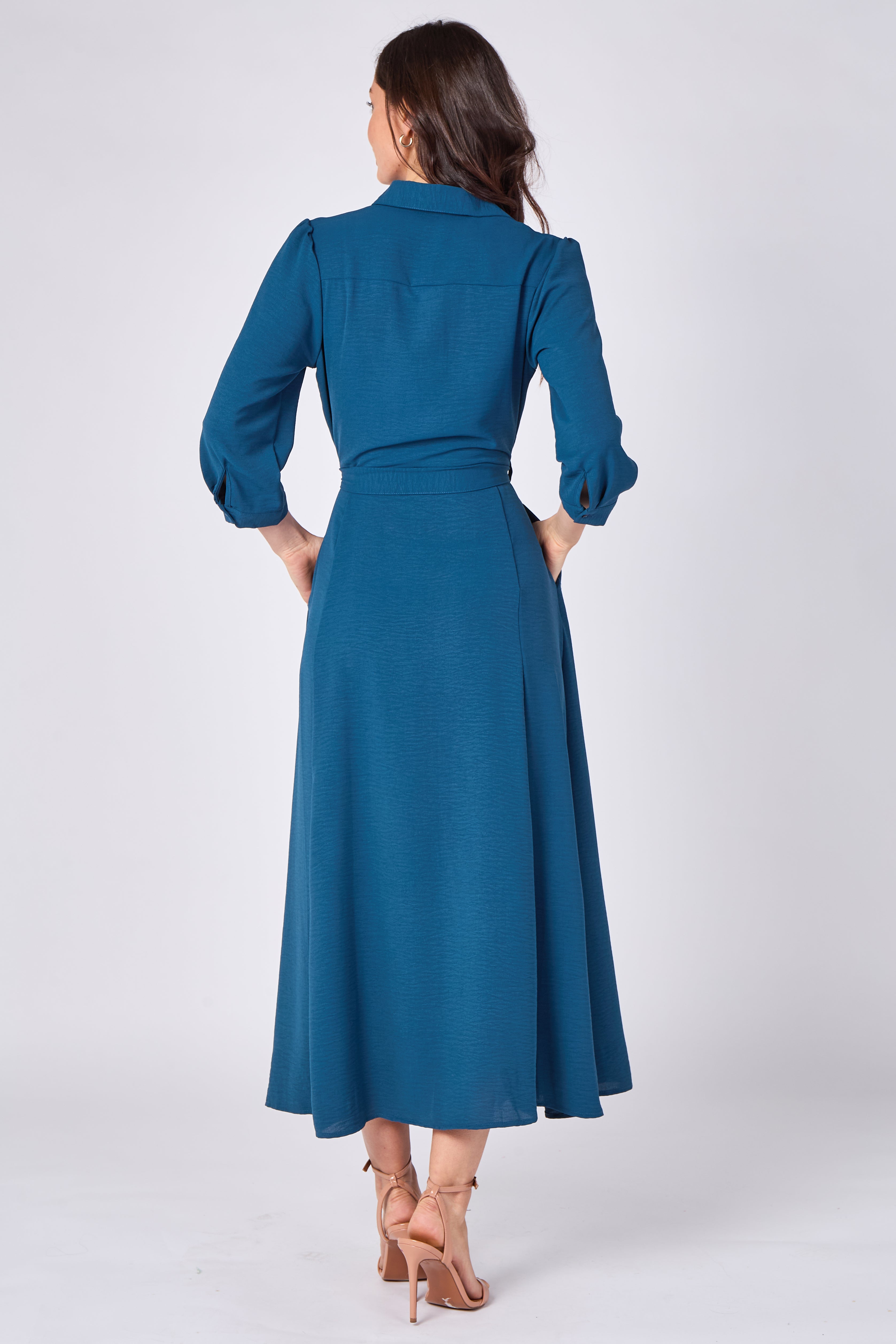 8Pcs Teal Button Front Belted Maxi Shirt Dress