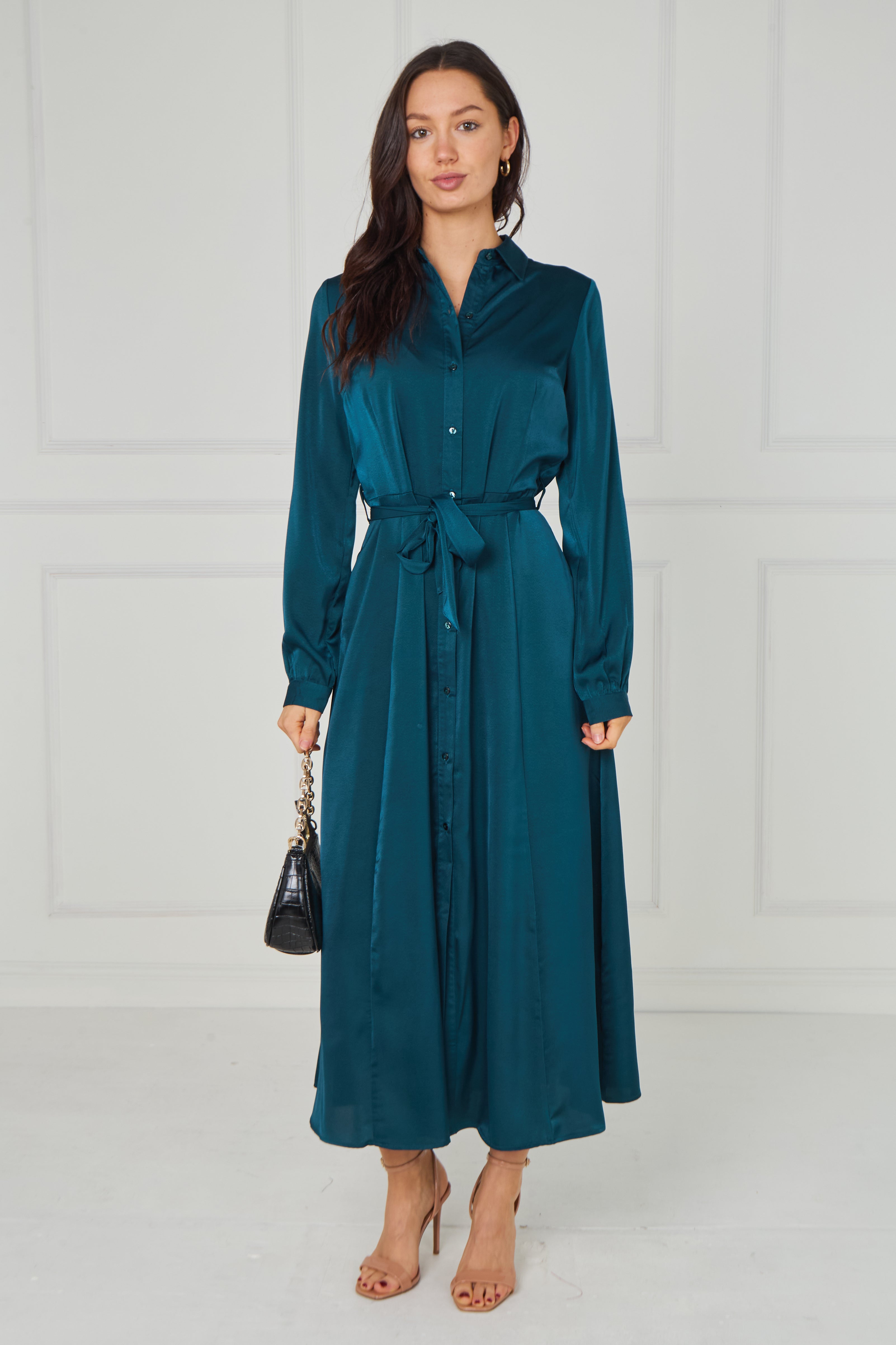 8Pcs Teal Velvety Satin Maxi Shirt Dress