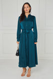 8Pcs Teal Velvety Satin Maxi Shirt Dress