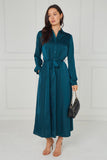 8Pcs Teal Velvety Satin Maxi Shirt Dress