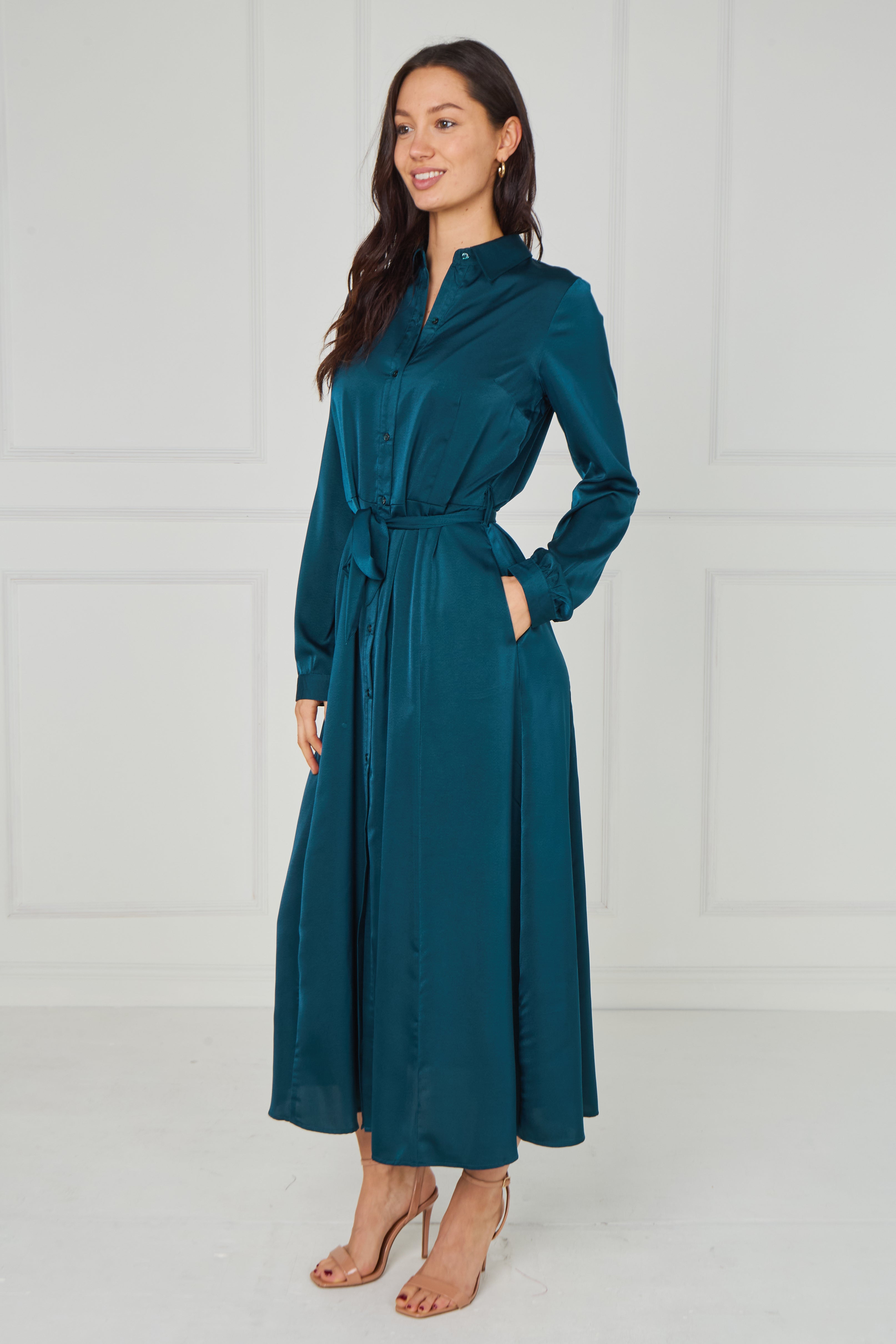 8Pcs Teal Velvety Satin Maxi Shirt Dress