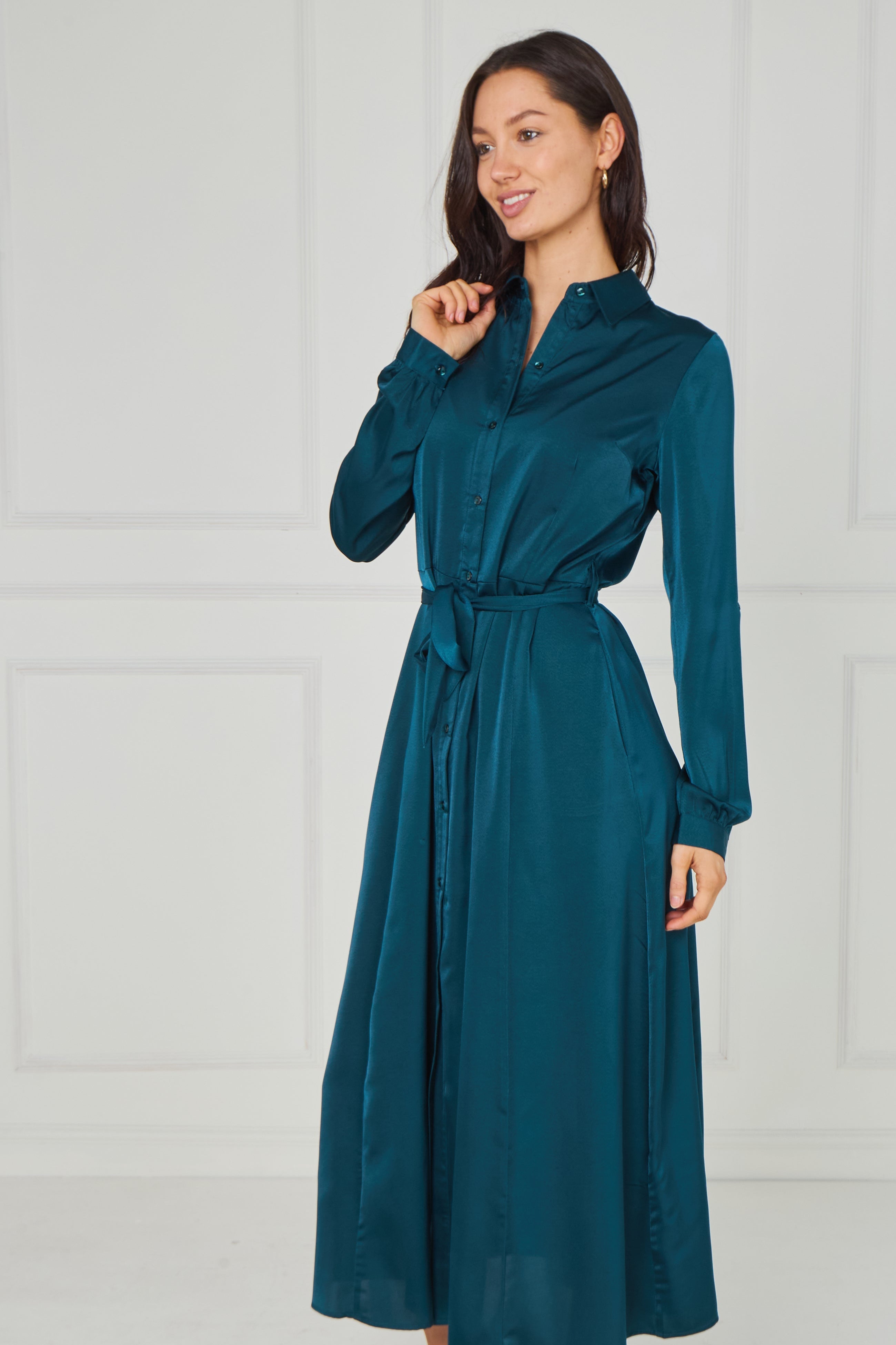 8Pcs Teal Velvety Satin Maxi Shirt Dress