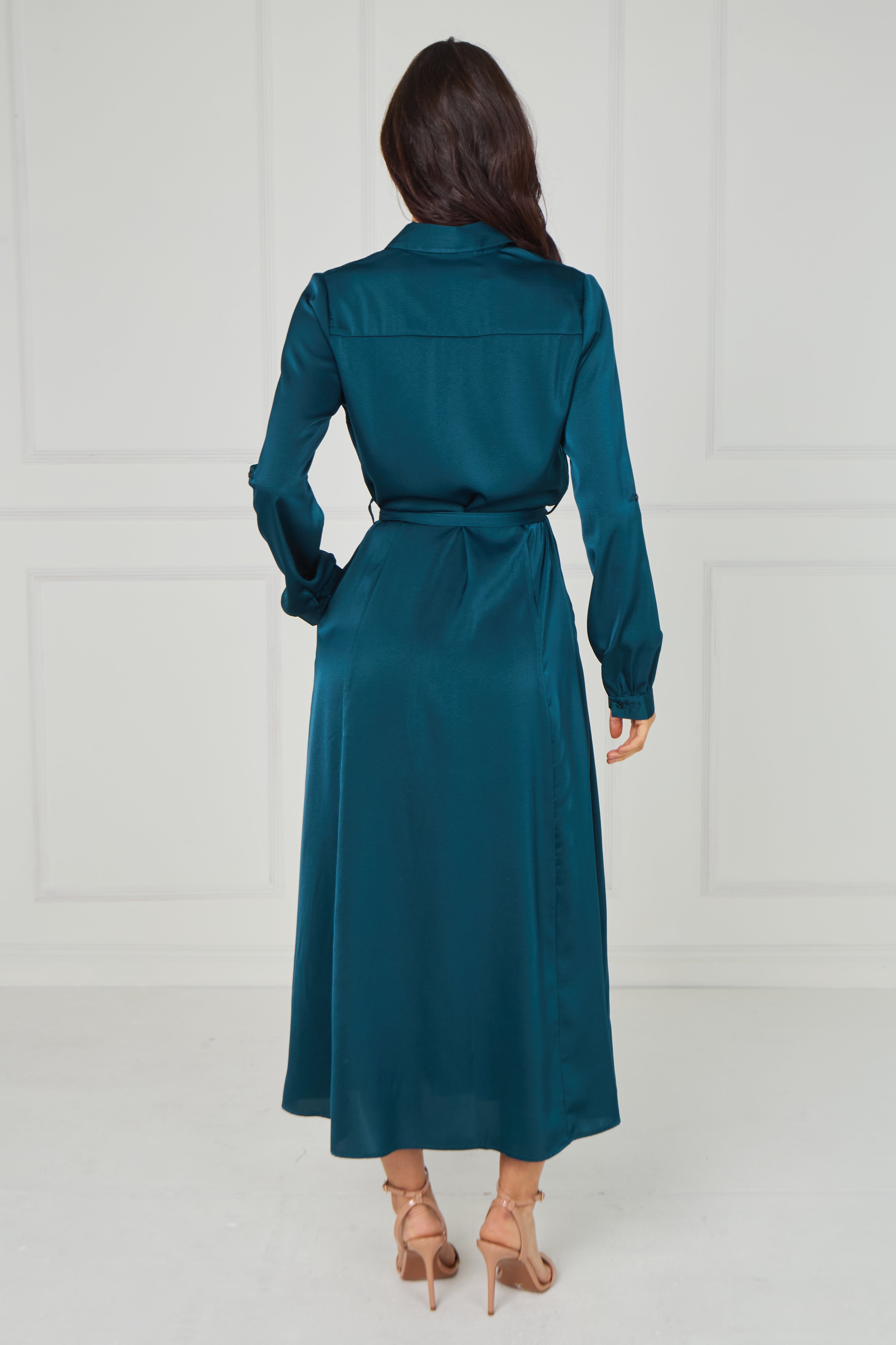 8Pcs Teal Velvety Satin Maxi Shirt Dress
