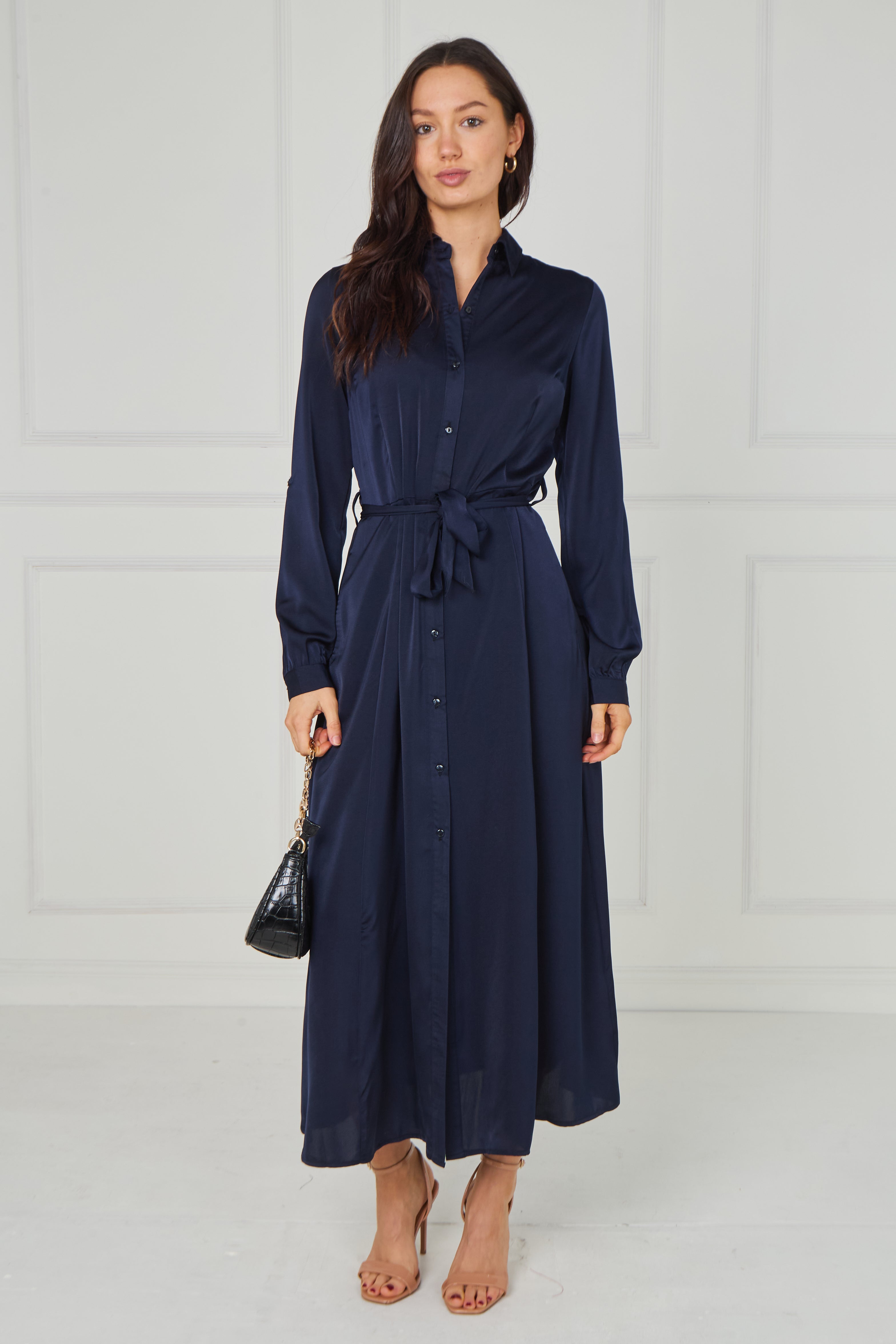 8Pcs Navy Velvety Satin Maxi Shirt Dress