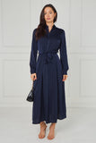 8Pcs Navy Velvety Satin Maxi Shirt Dress