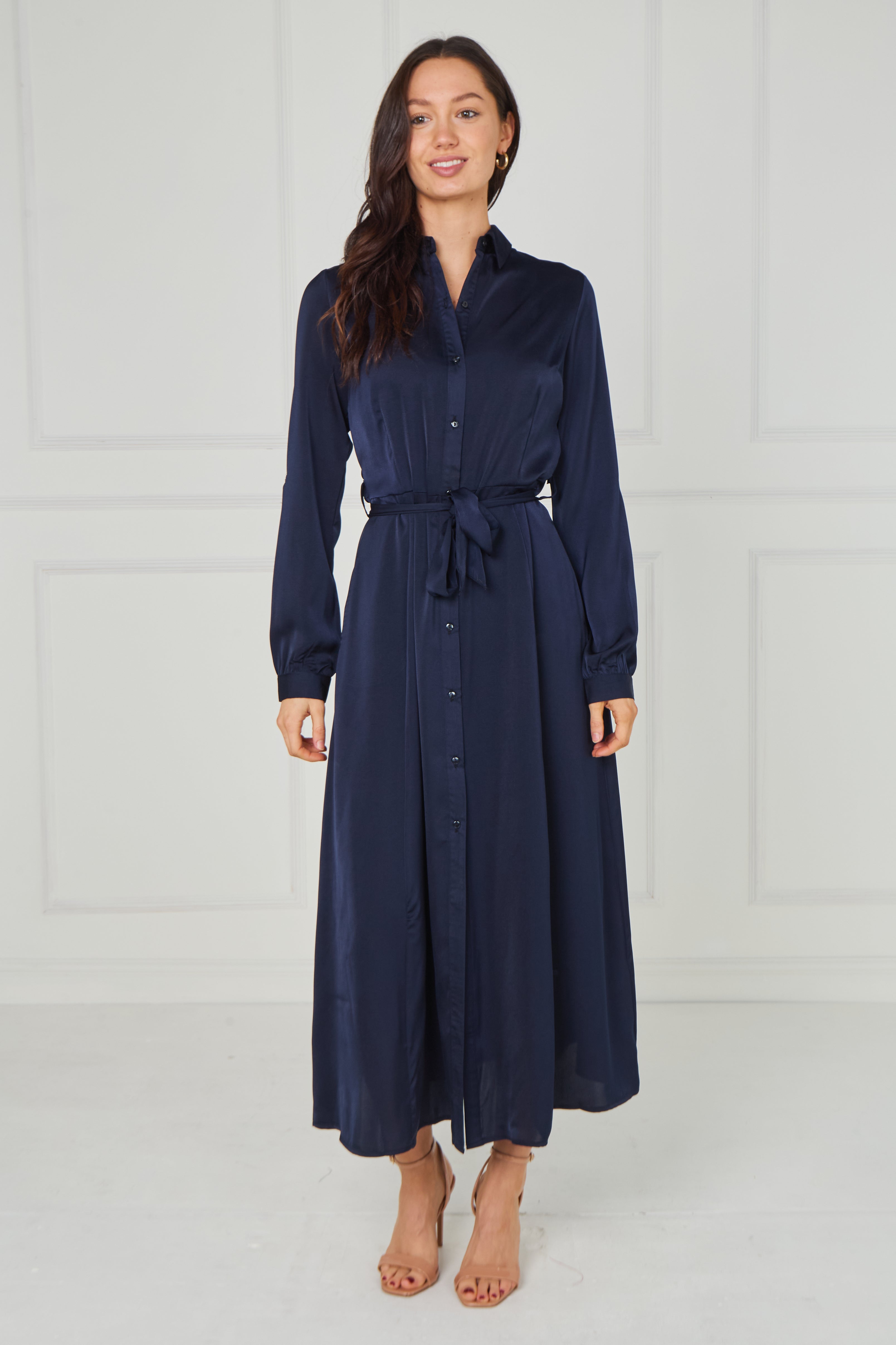 8Pcs Navy Velvety Satin Maxi Shirt Dress
