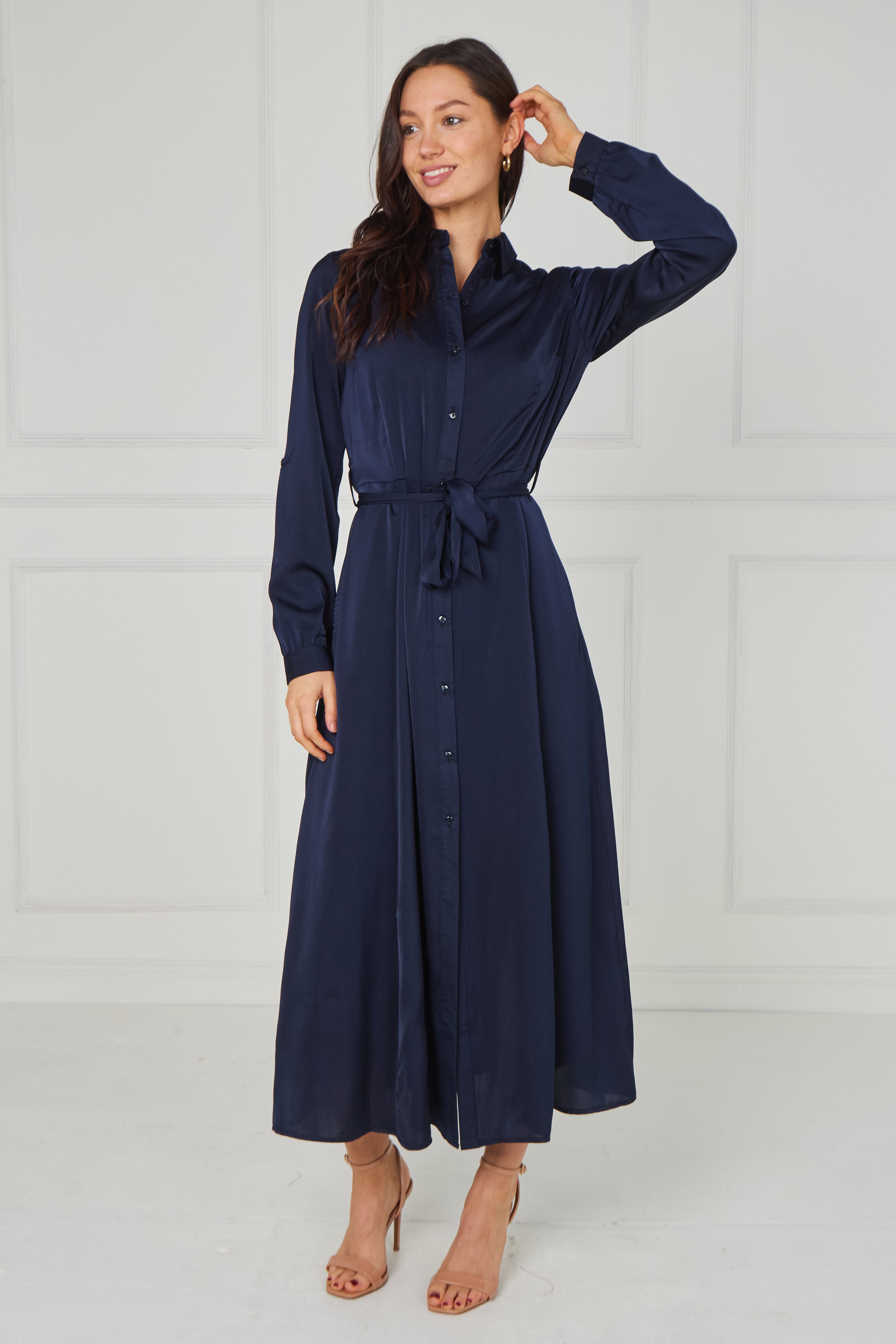 8Pcs Navy Velvety Satin Maxi Shirt Dress