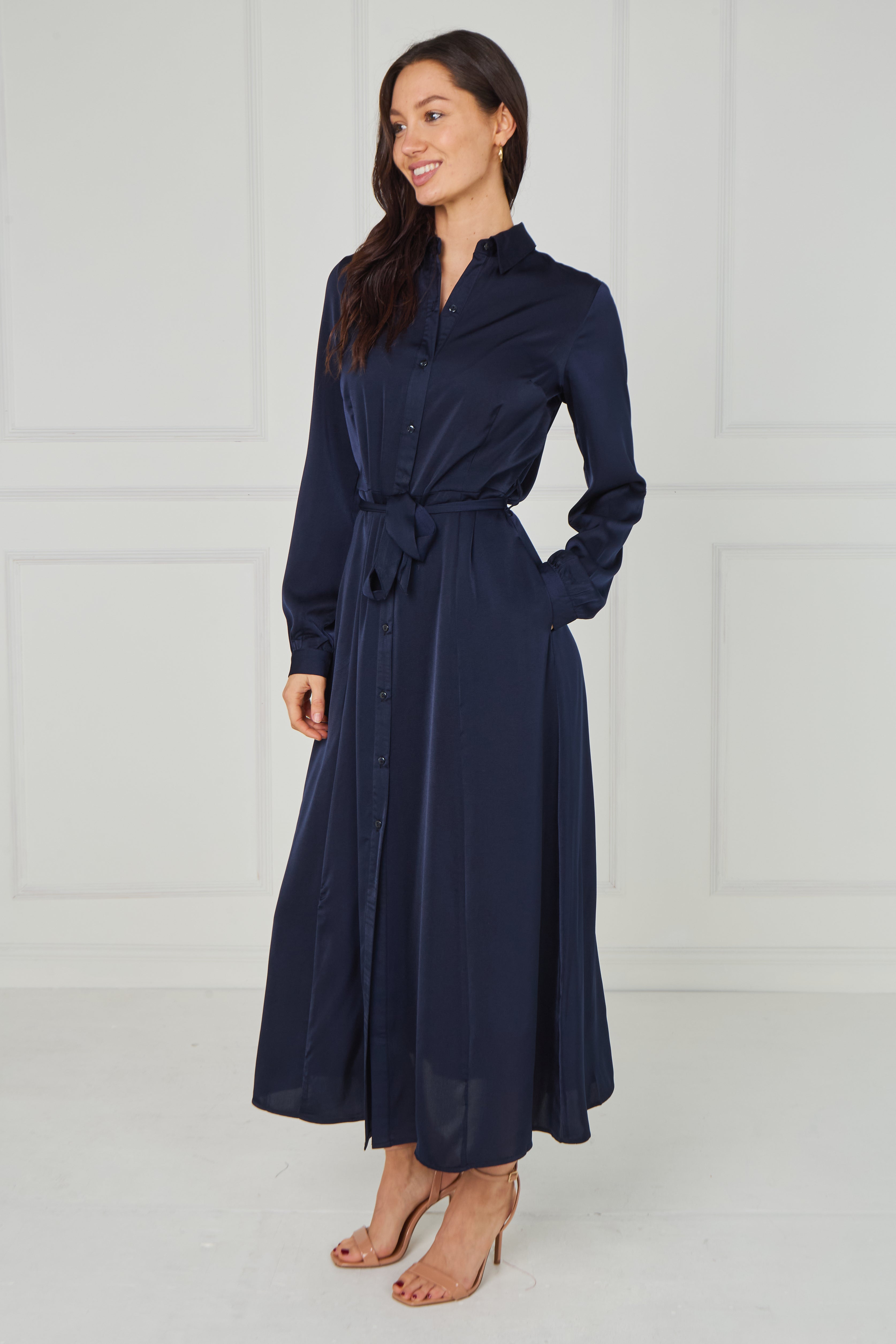 8Pcs Navy Velvety Satin Maxi Shirt Dress