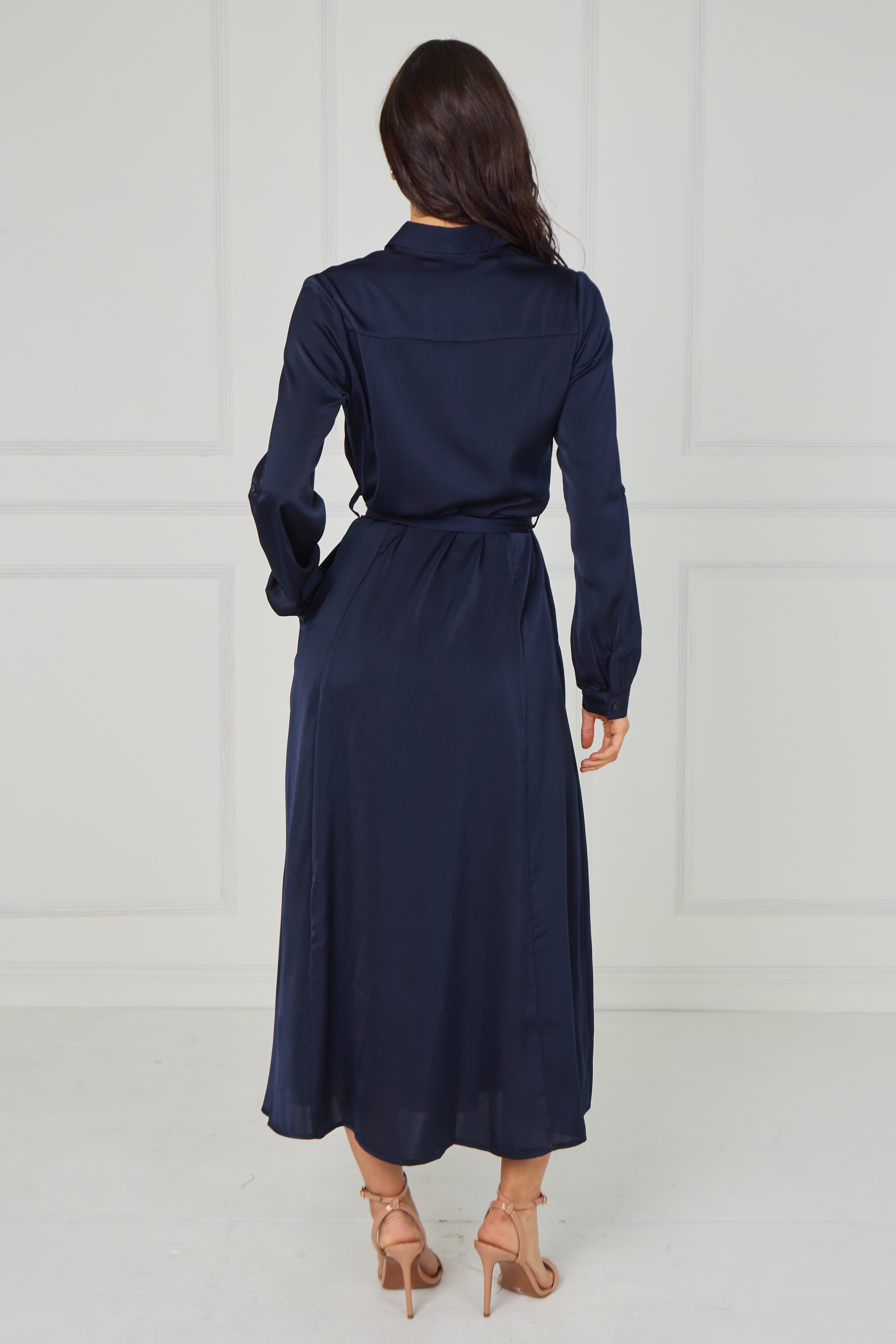 8Pcs Navy Velvety Satin Maxi Shirt Dress