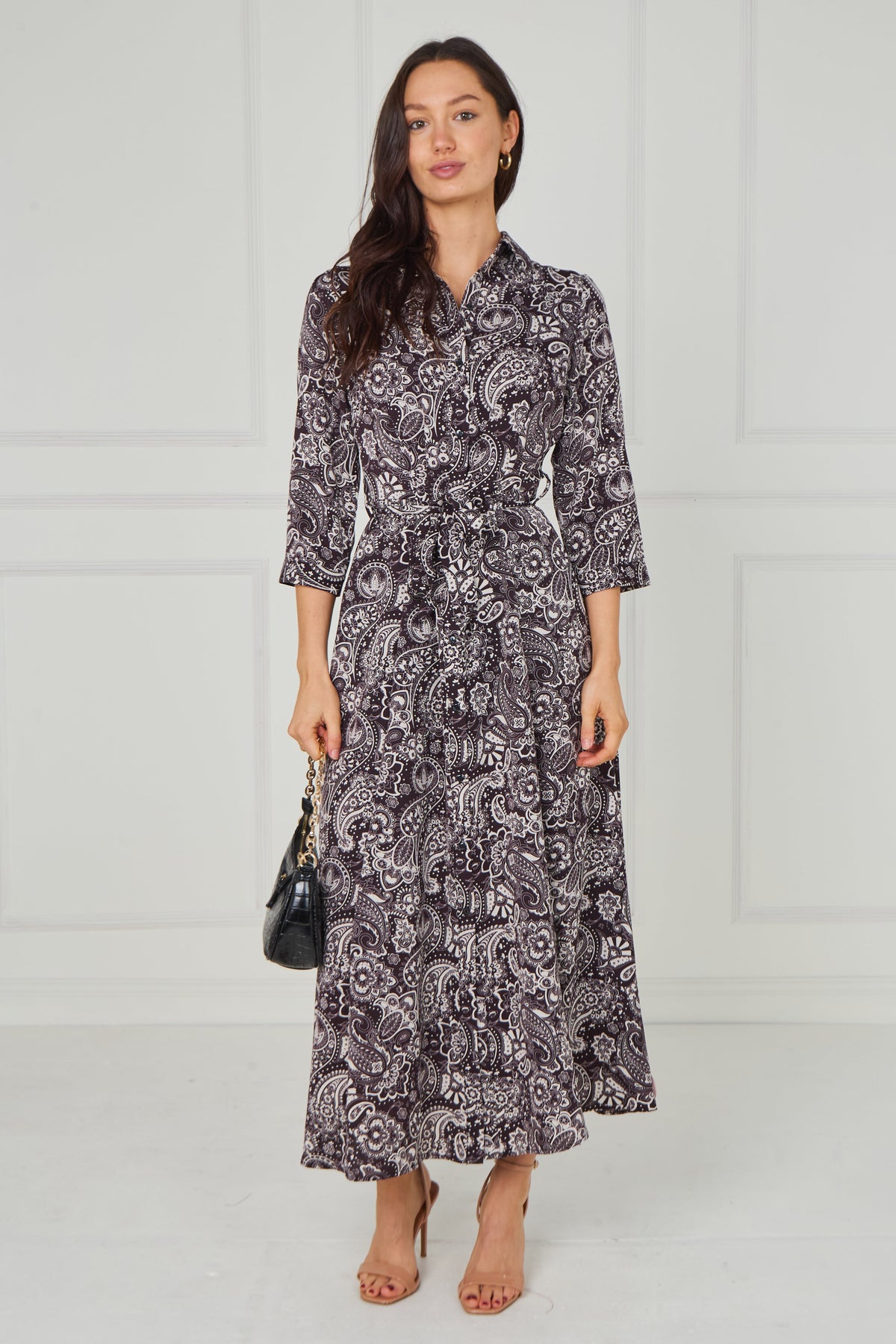 8Pcs Espresso Paisley Print Belted Maxi Shirt Dress
