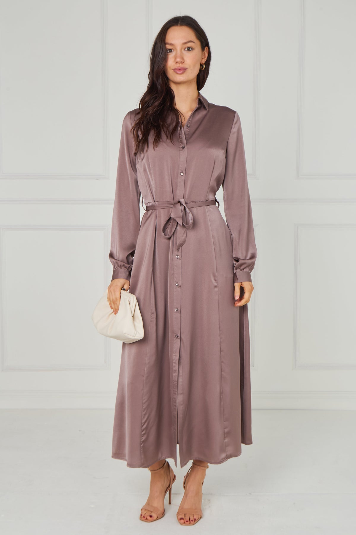 8Pcs Dusty Rose Taupe Velvety Satin Maxi Shirt Dress