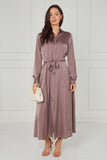 8Pcs Dusty Rose Taupe Velvety Satin Maxi Shirt Dress