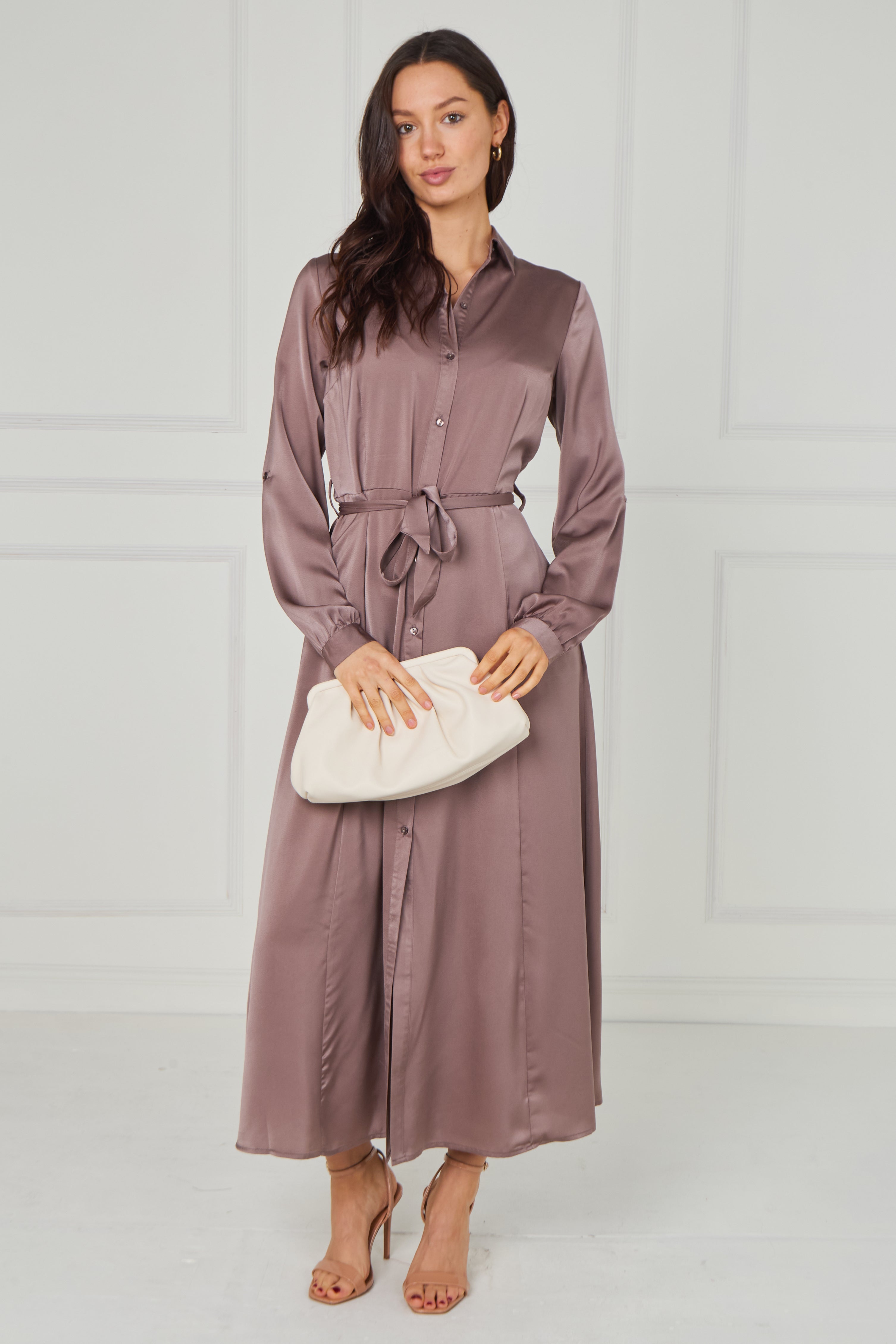 8Pcs Dusty Rose Taupe Velvety Satin Maxi Shirt Dress