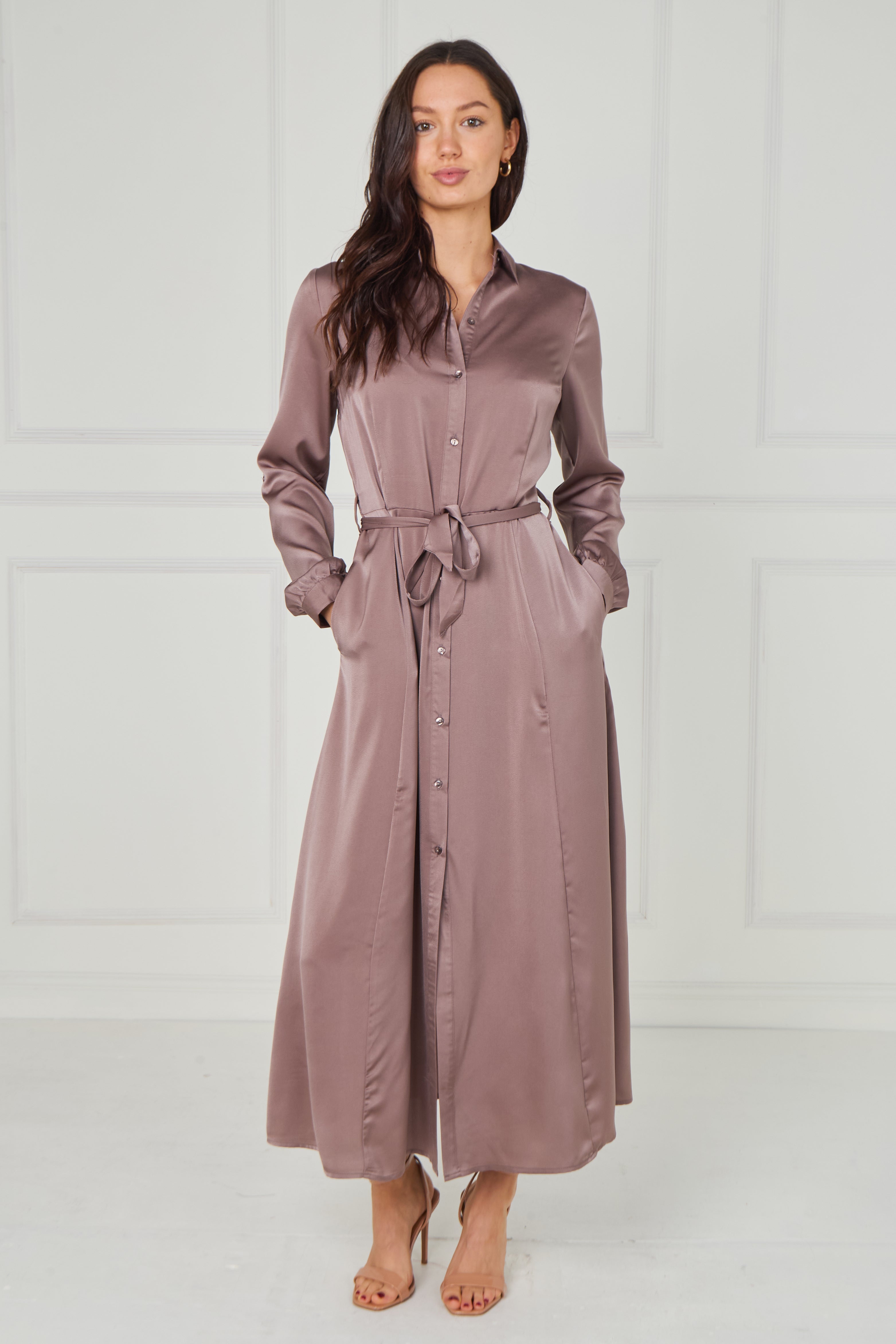 8Pcs Dusty Rose Taupe Velvety Satin Maxi Shirt Dress