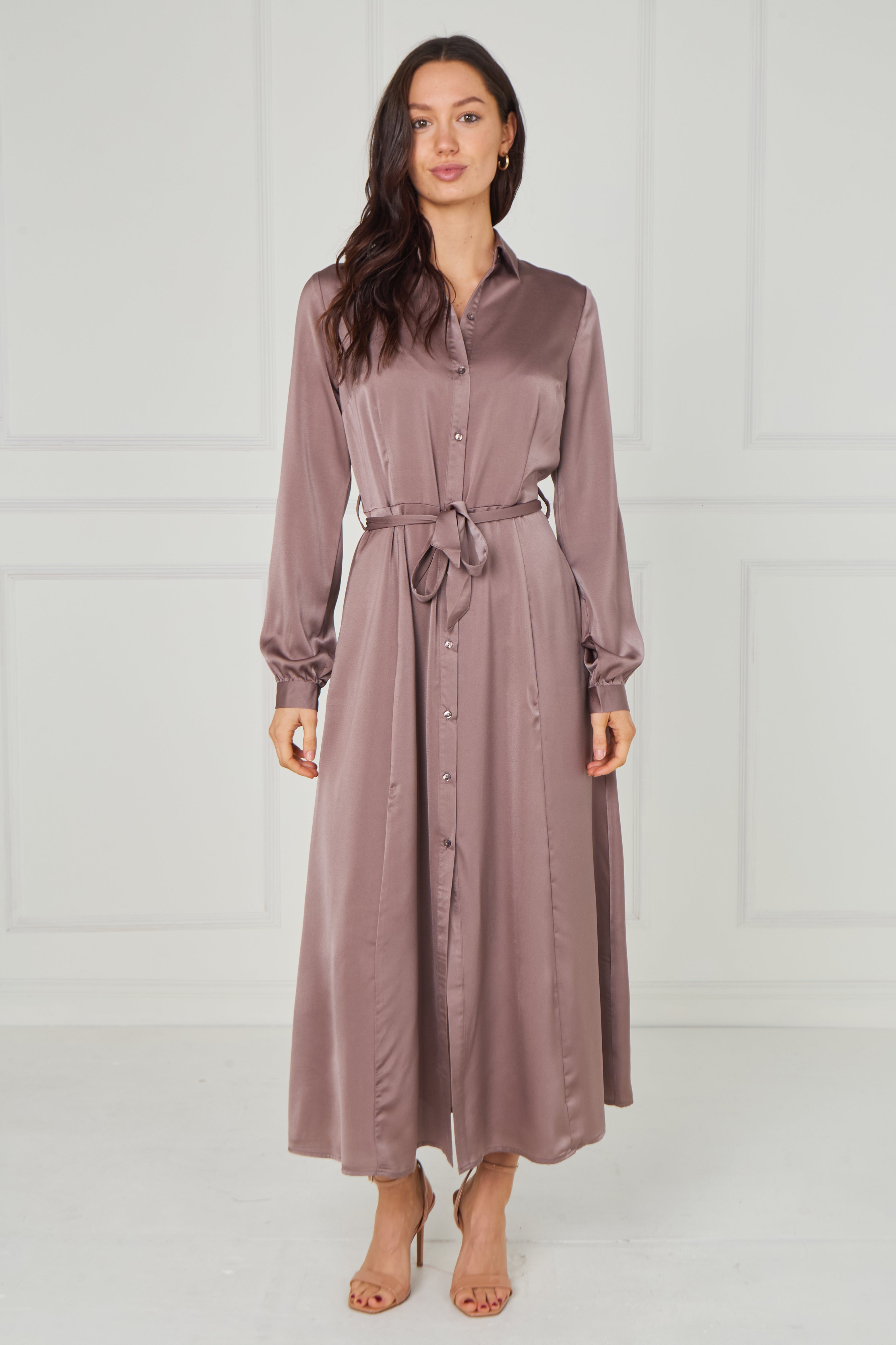 8Pcs Dusty Rose Taupe Velvety Satin Maxi Shirt Dress